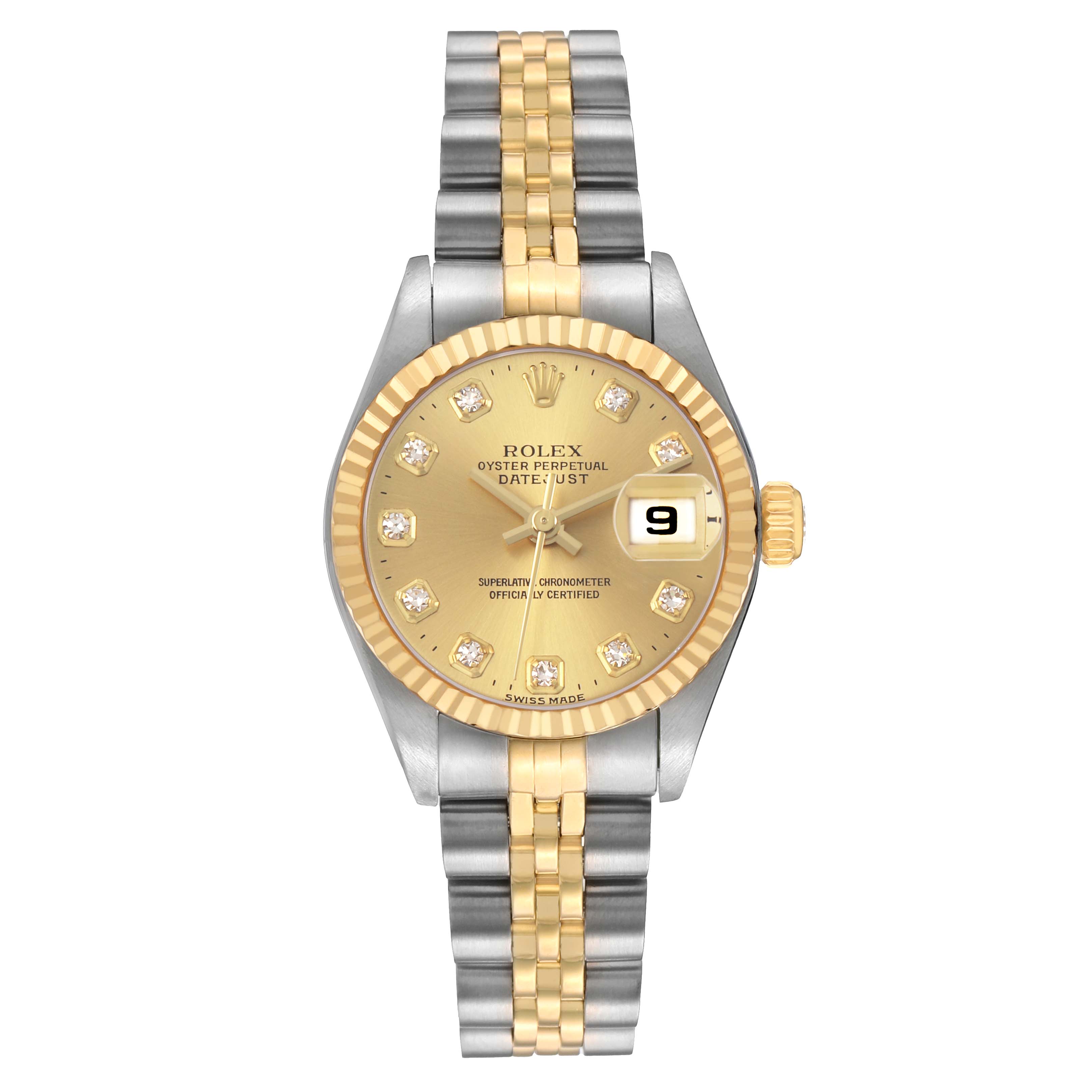 The Rolex Datejust 79173 Women's Stainless Steel Champagne Dial watch is shown from the front, featuring a gold dial, diamond hour markers, and a two-tone bracelet.