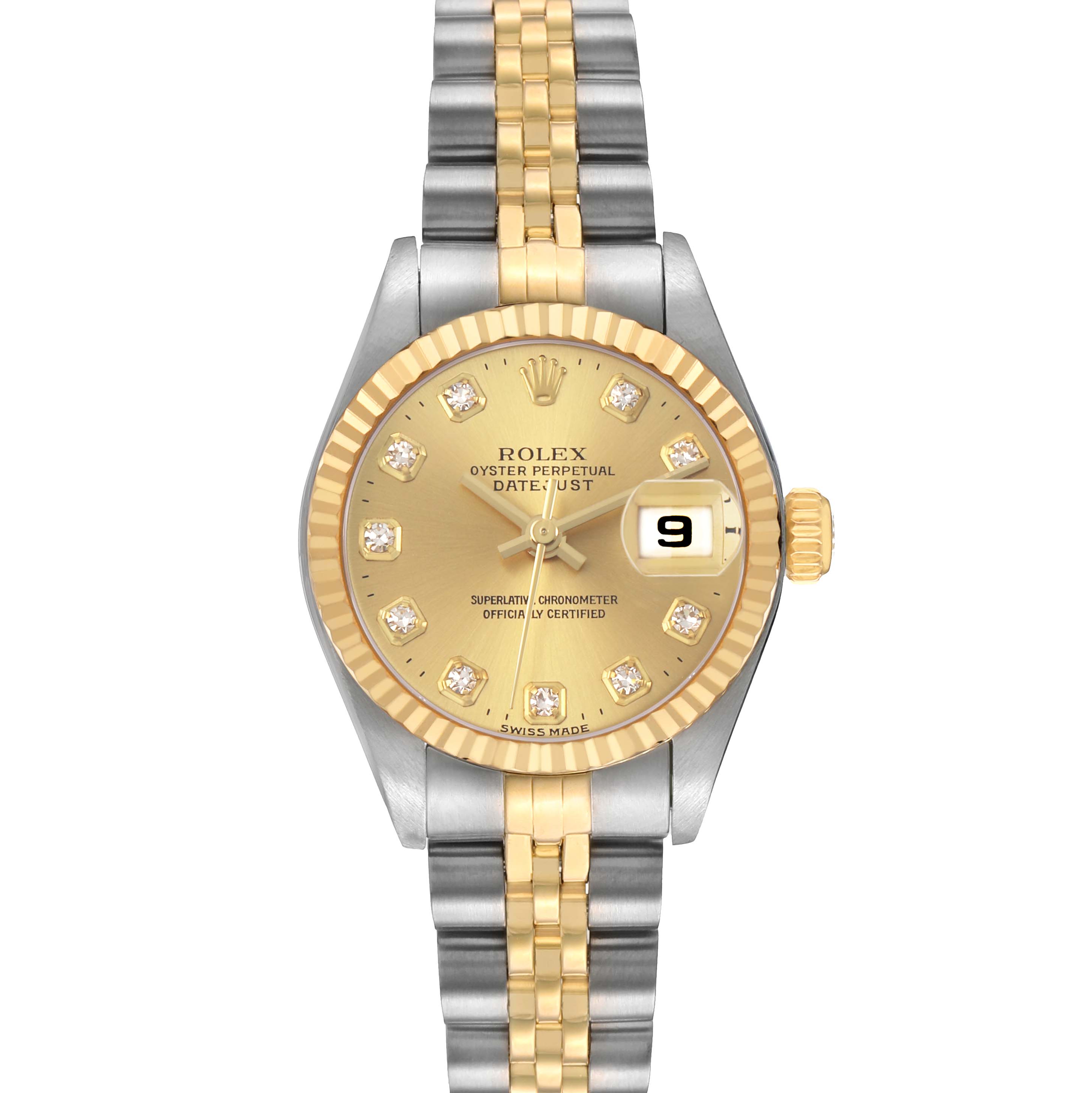 The Rolex Datejust 79173 Women's Stainless Steel Champagne Dial watch is shown from a front angle, highlighting its gold dial, fluted bezel, and two-tone Jubilee bracelet.