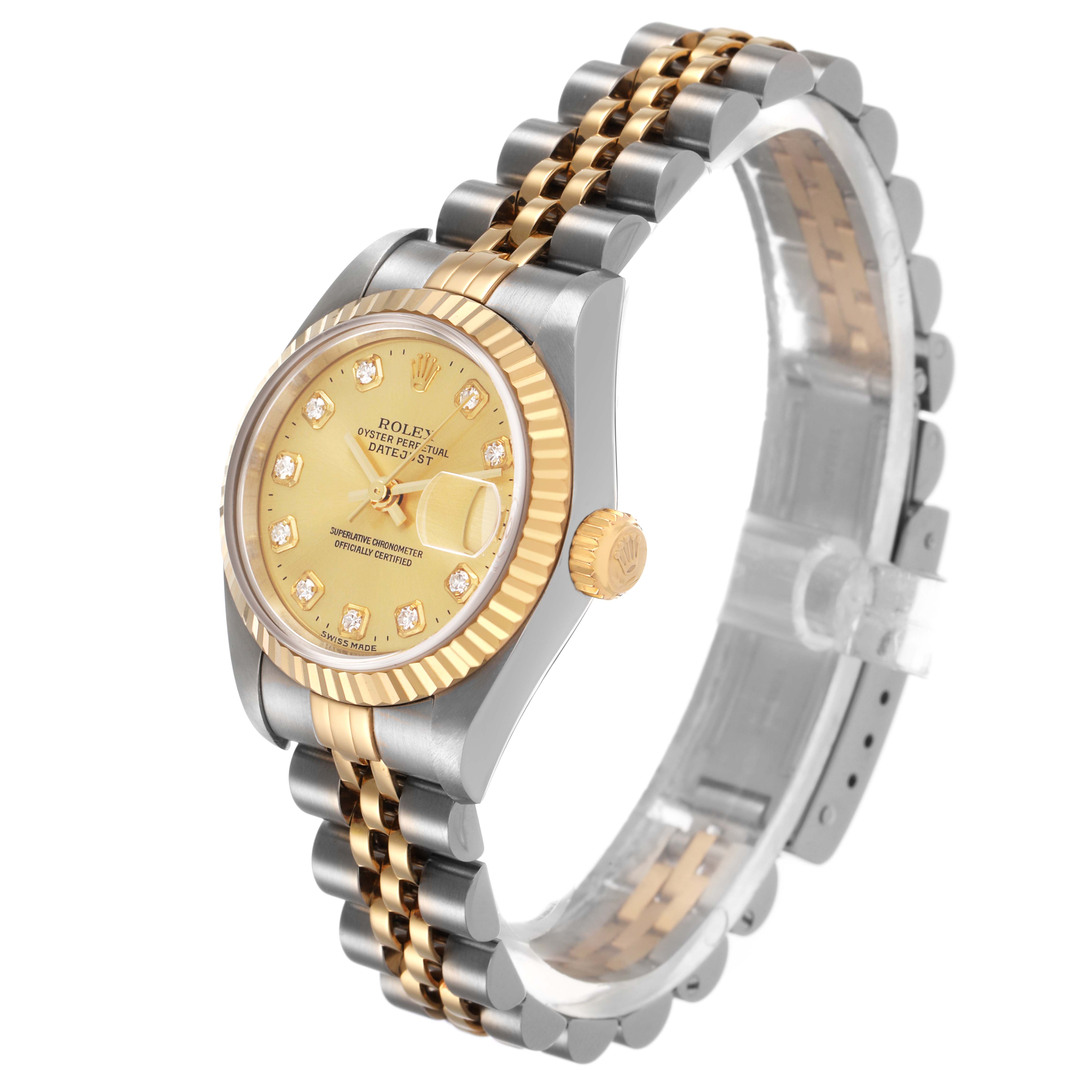 The Rolex Datejust 79173 Women's Steel and Gold (two tone) Champagne Dial watch is shown at a side angle, highlighting the gold bezel, crown, dial, and two-tone bracelet.