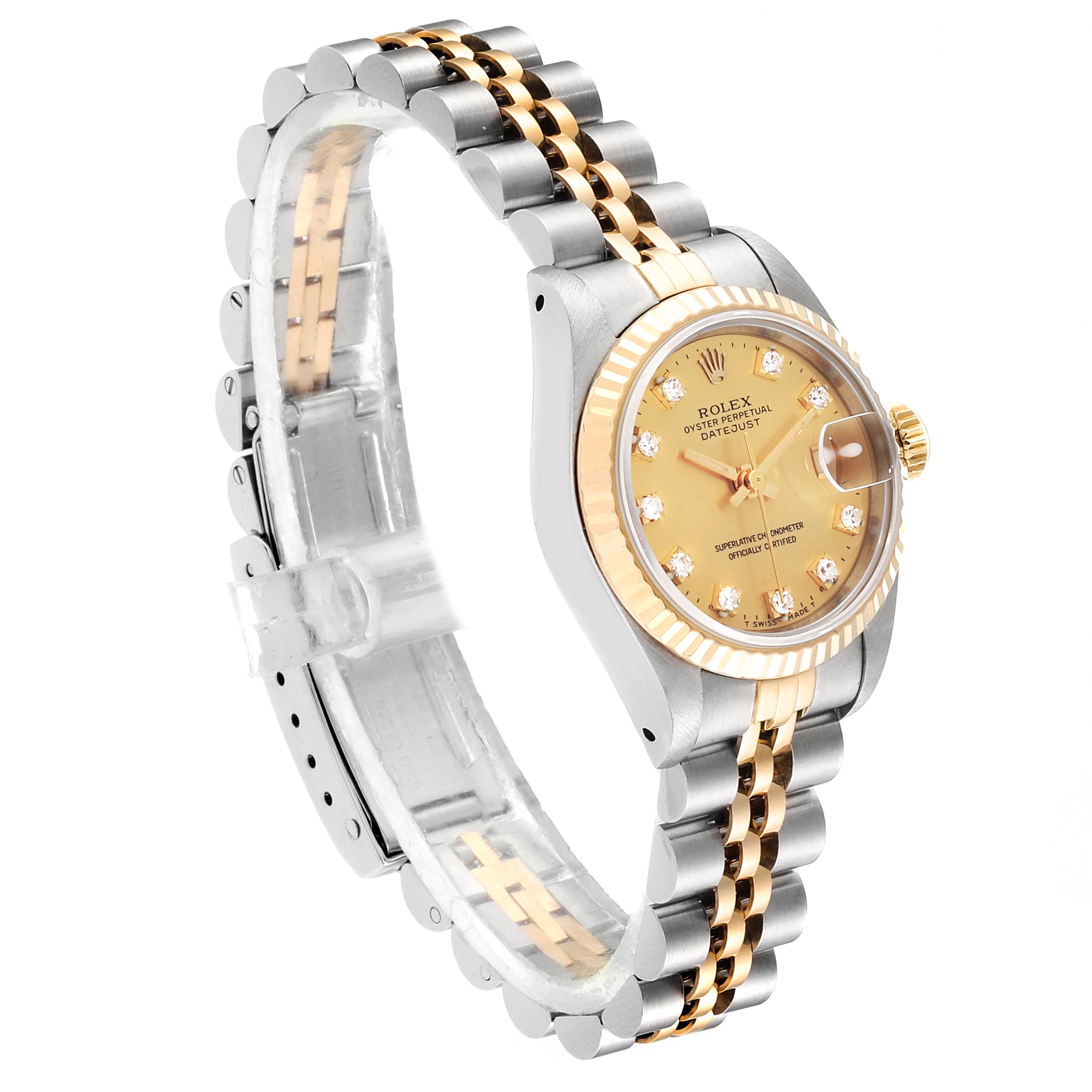 The Rolex Datejust 69173 Women
s Steel and Gold (two tone) Champagne Dial 69173 Women
s Steel and Gold (two tone) Champagne Dial watch is shown at a side angle highlighting the two-tone bracelet, fluted bezel, and gold dial with diamond markers.