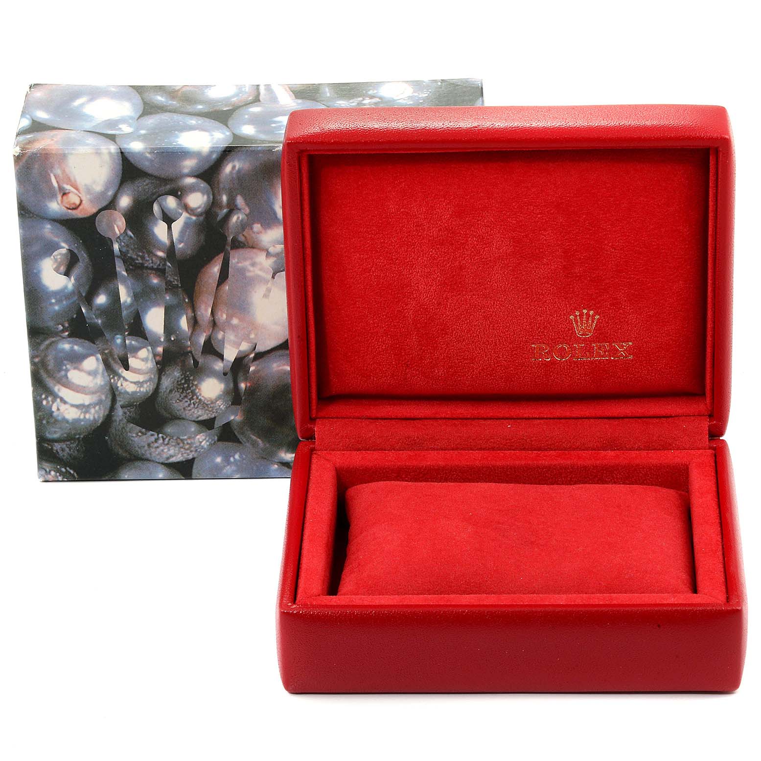 This image shows an open red Rolex box for the Datejust model, alongside an outer sleeve with a decorative design.