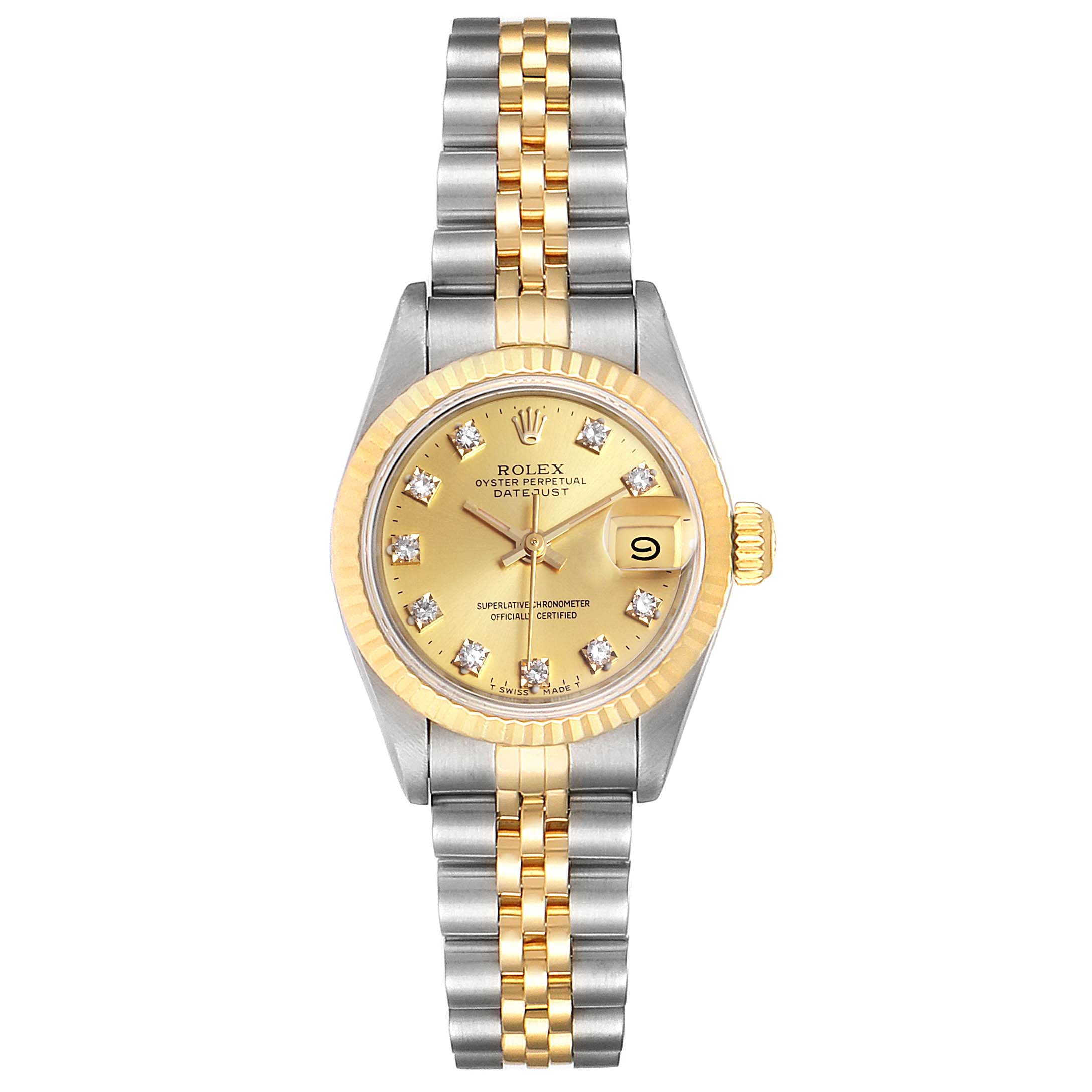 The image shows a frontal view of a Rolex Datejust 69173 Women
s Steel and Gold (two tone) Champagne Dial 69173 Women
s Steel and Gold (two tone) Champagne Dial watch, highlighting its dial, bezel, crown, and bracelet.