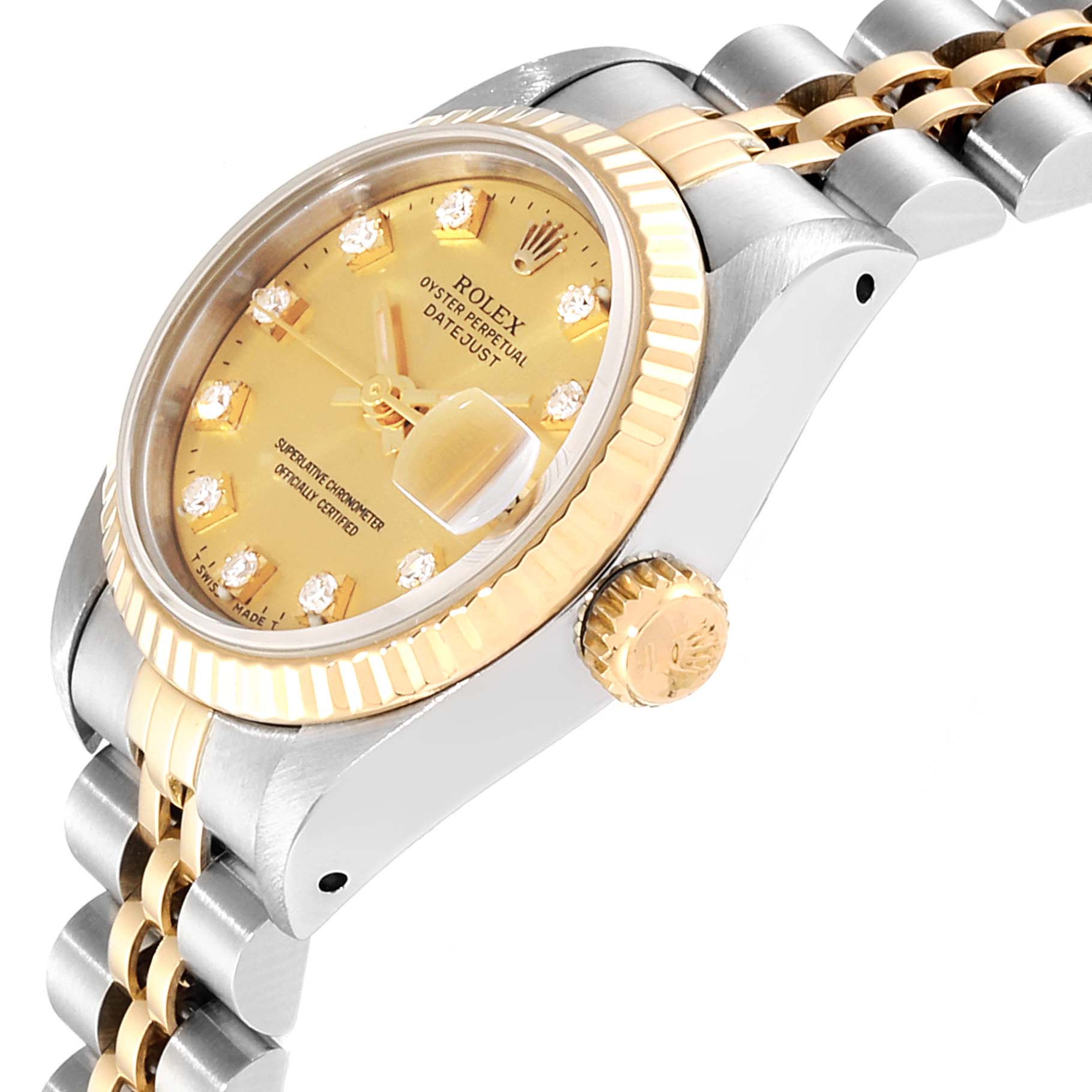 The image shows a side angle of the Rolex Datejust 69173 Women
s Steel and Gold (two tone) Champagne Dial 69173 Women
s Steel and Gold (two tone) Champagne Dial watch, highlighting its gold dial, fluted bezel, crown, and jubilee bracelet.