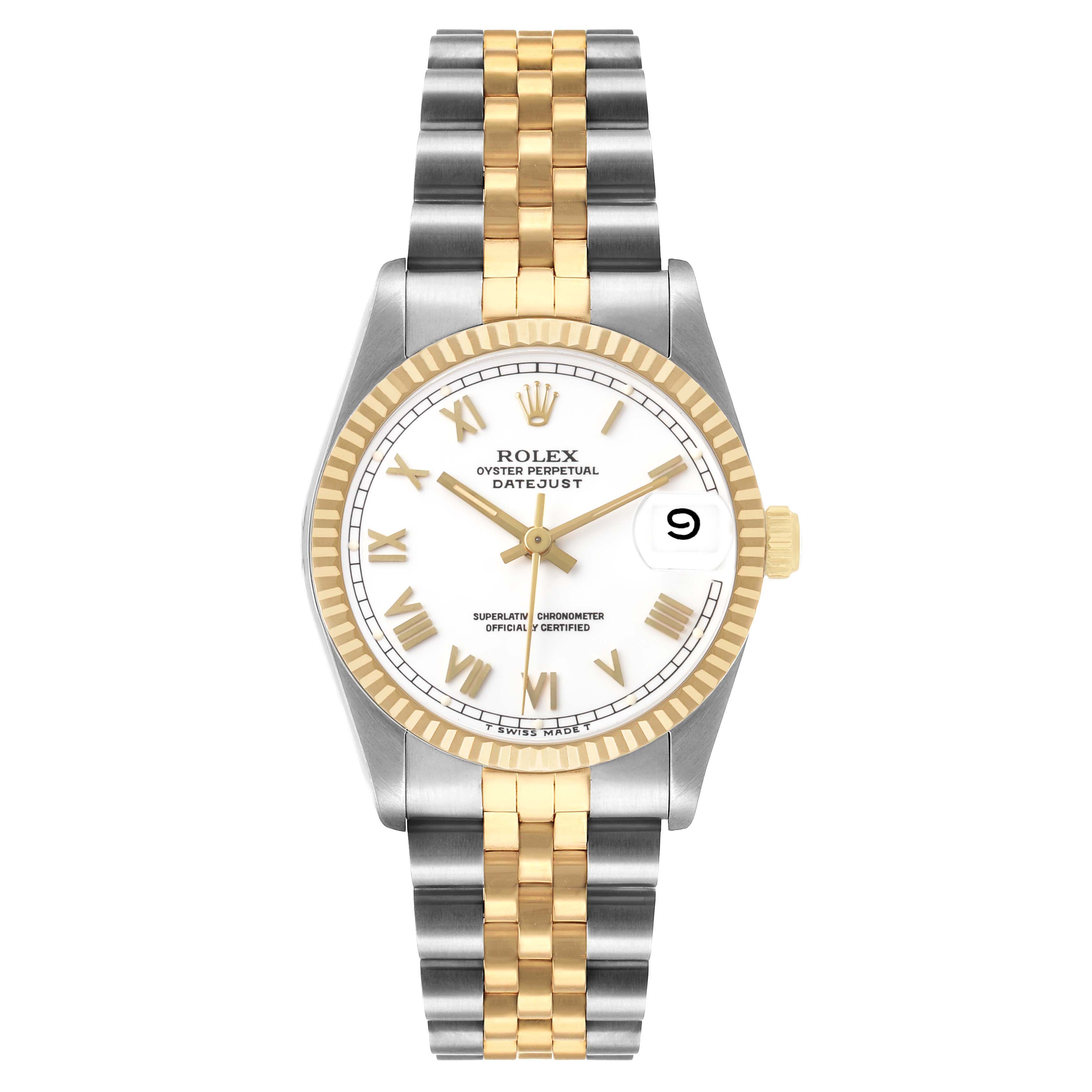 This Rolex Datejust Mid-Size watch is shown from the front, displaying the face, bezel, crown, and two-tone bracelet.
