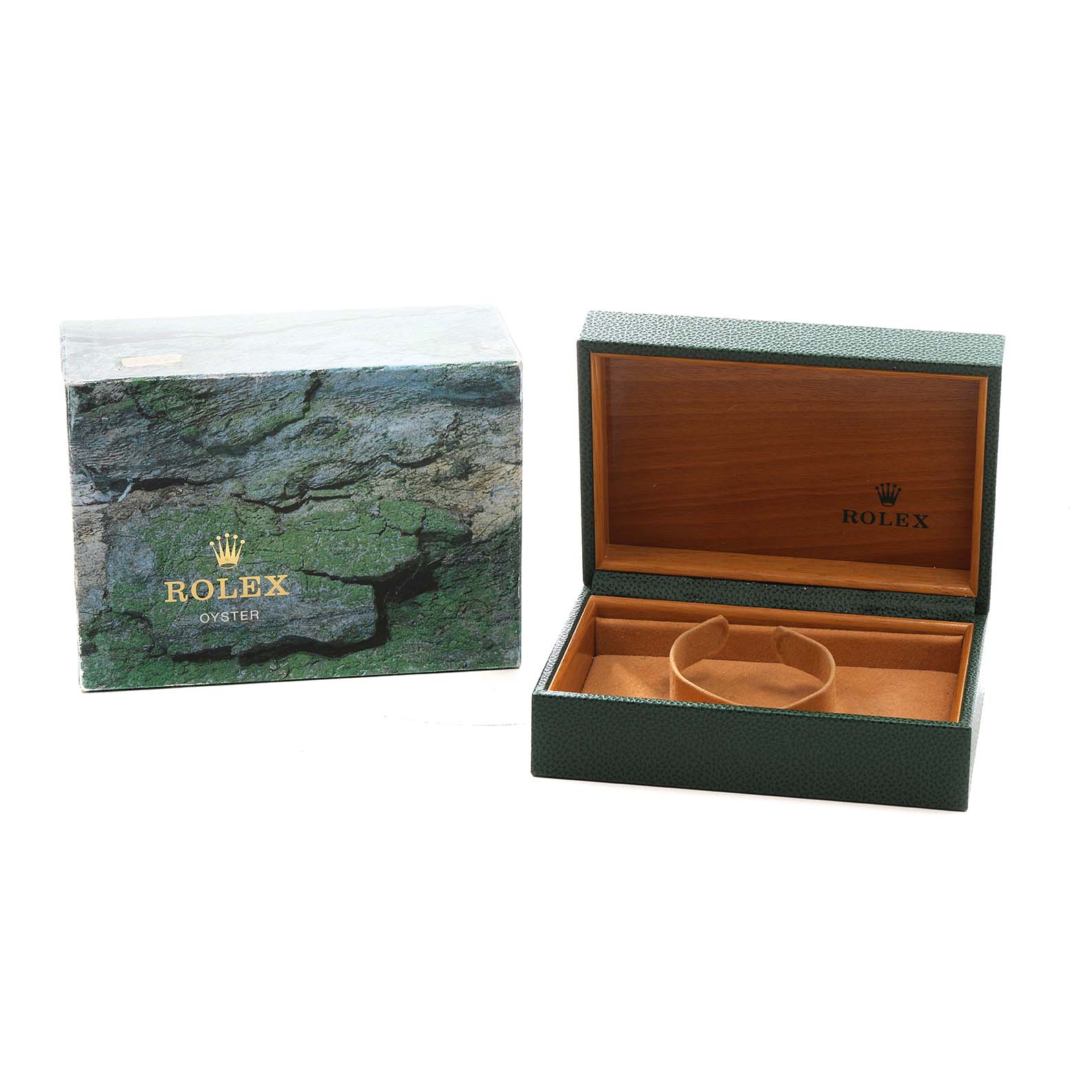 The image shows an open Rolex watch box for a Mid-Size model next to its outer packaging, featuring a wood and green textured design.