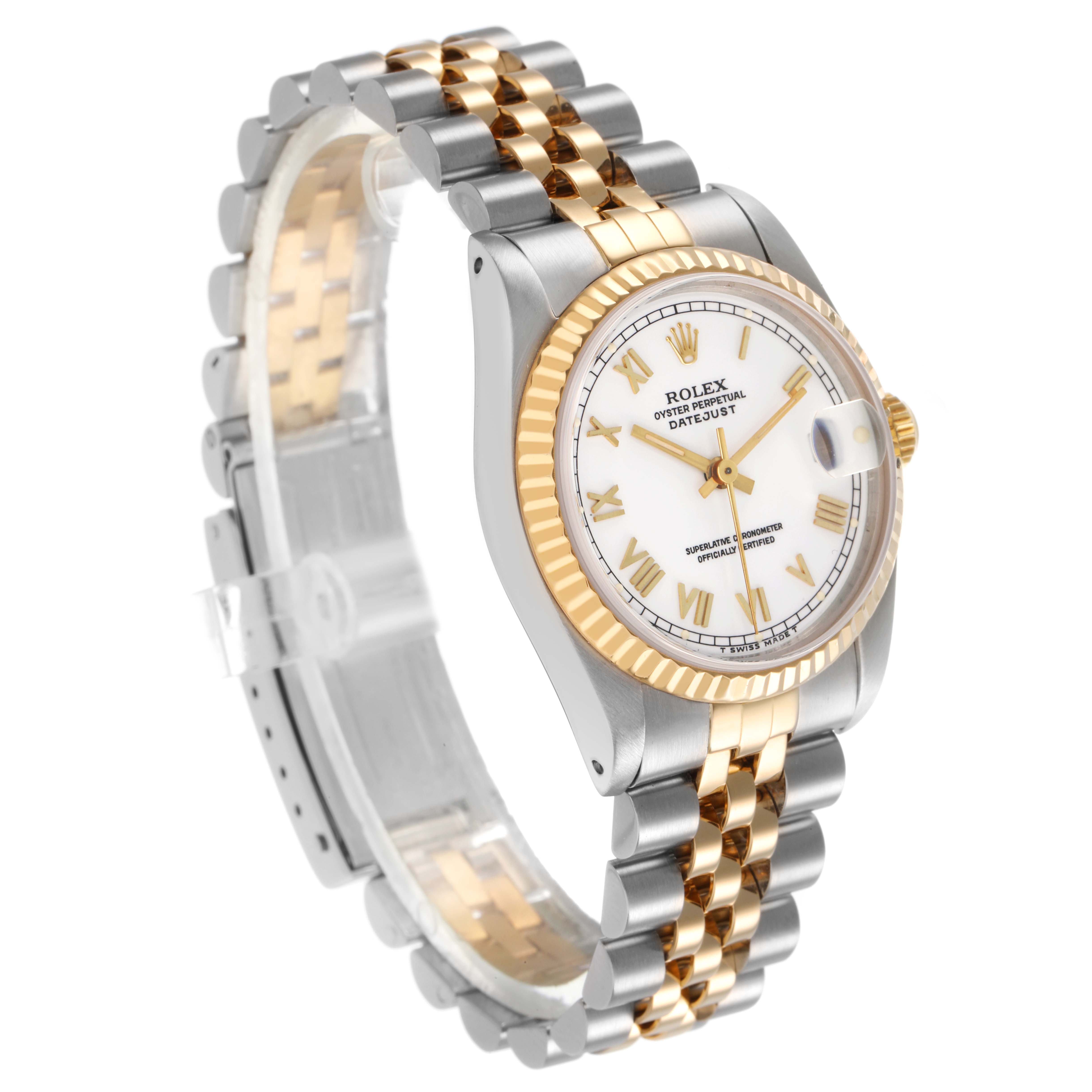 The Rolex Mid-Size 68273 Women's Steel and Gold (two tone) White Dial model is shown at a three-quarter angle, highlighting the dial, bezel, and two-tone bracelet.