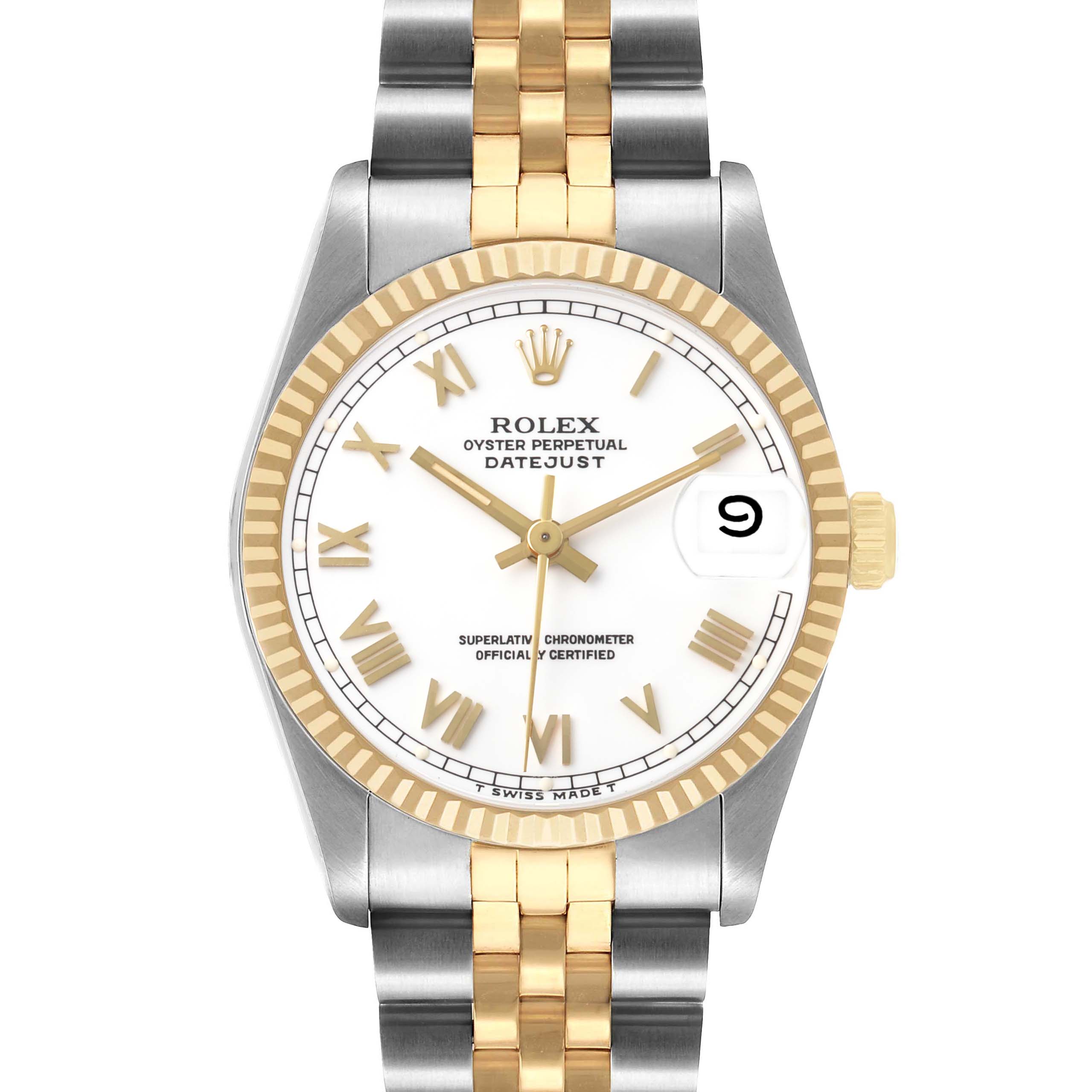 The Rolex Mid-Size 68273 Women's Steel and Gold (two tone) White Dial Datejust is shown from the front, featuring a silver and gold bracelet, and a white dial with gold Roman numerals.