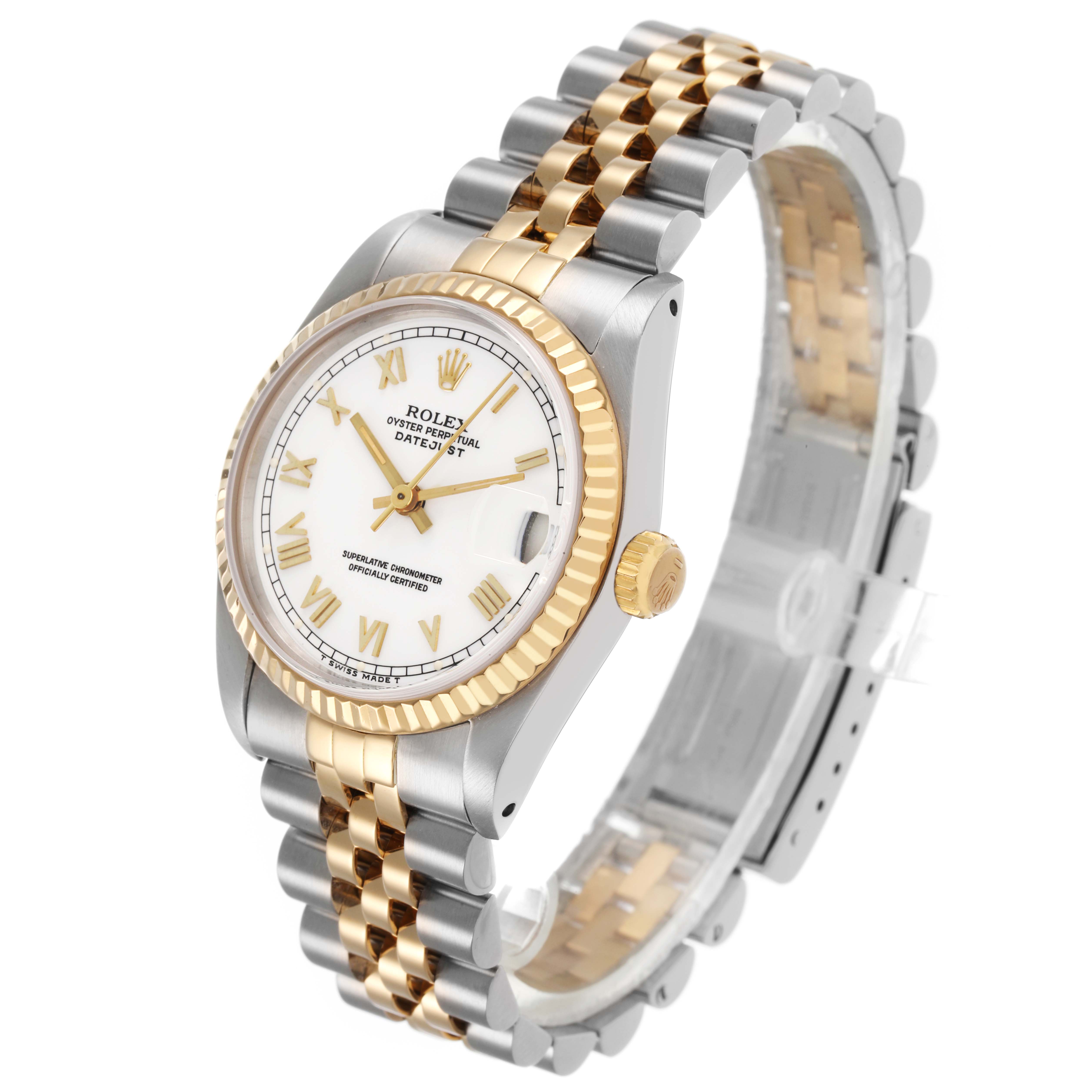 The Rolex Mid-Size 68273 Women's Steel and Gold (two tone) White Dial model is shown at a three-quarter angle, highlighting the two-tone bracelet, fluted bezel, and dial.