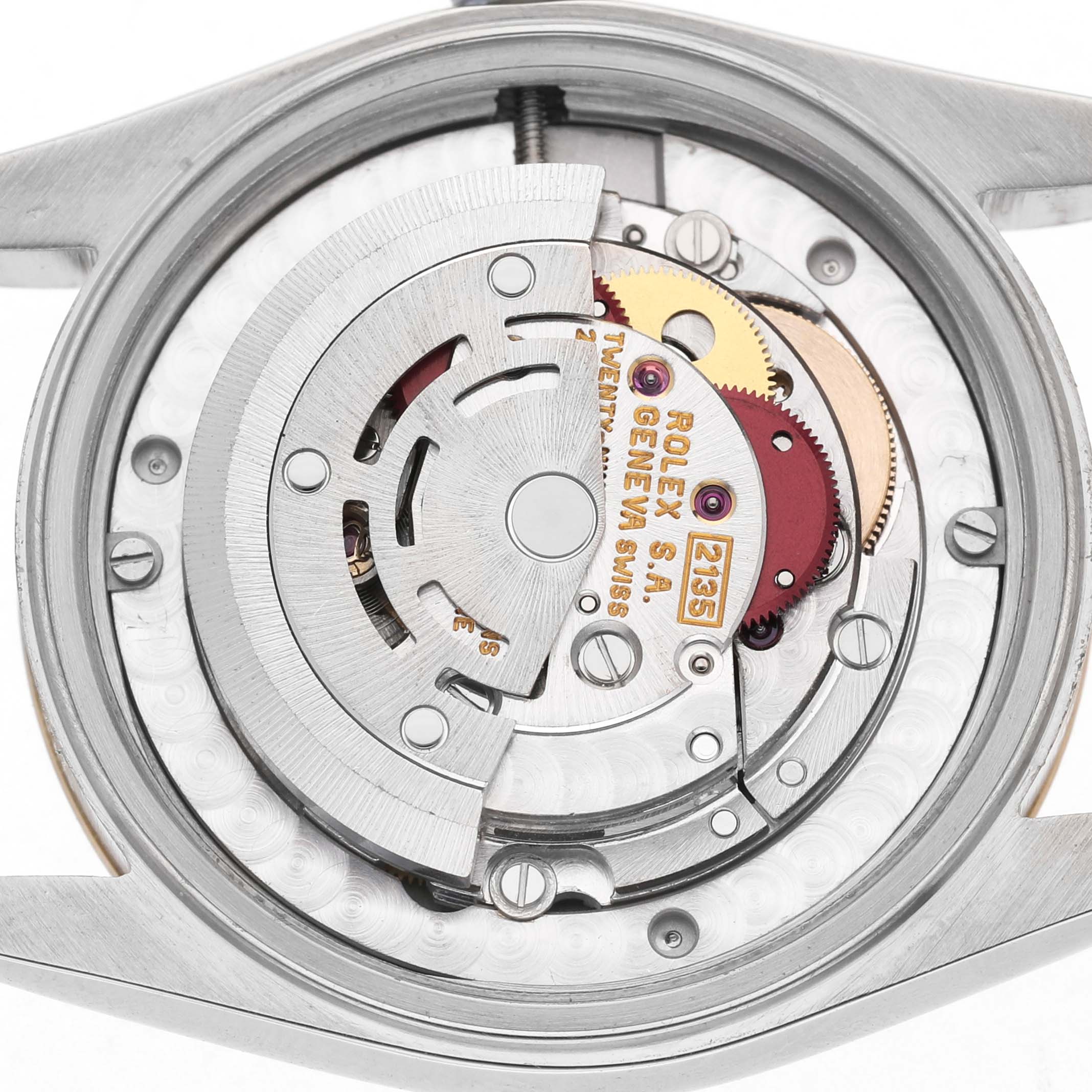 The image shows the internal mechanism of a Rolex Mid-Size 68273 Women's Steel and Gold (two tone) White Dial watch, focusing on its movement components from a top-down view.