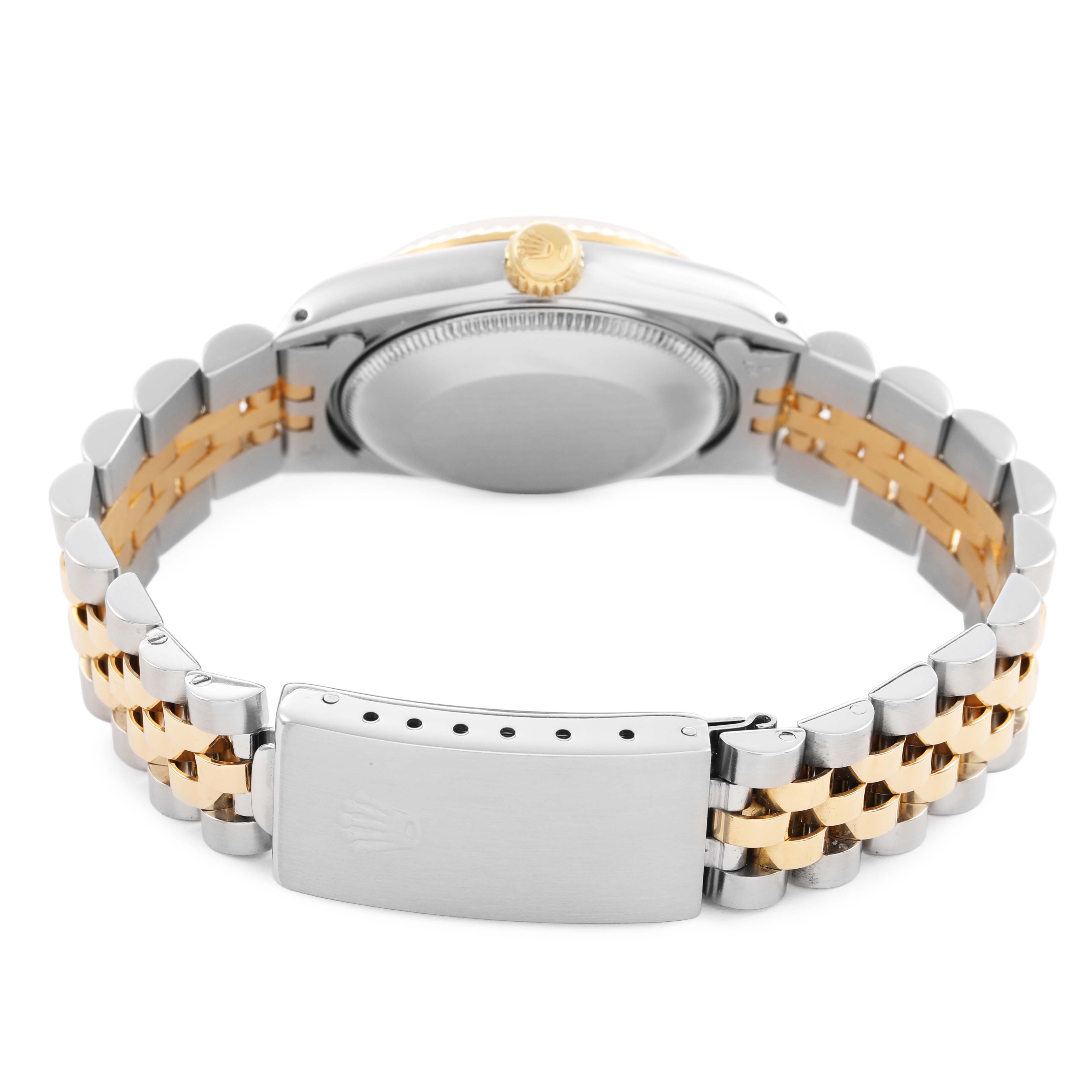 The image shows the back side of a Rolex Mid-Size 68273 Women's Steel and Gold (two tone) White Dial model, highlighting the clasp and bracelet detailing.