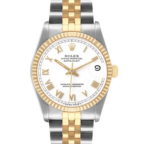 The Rolex Datejust Mid-Size watch is shown from a front angle, highlighting its dial, bezel, and two-tone bracelet.