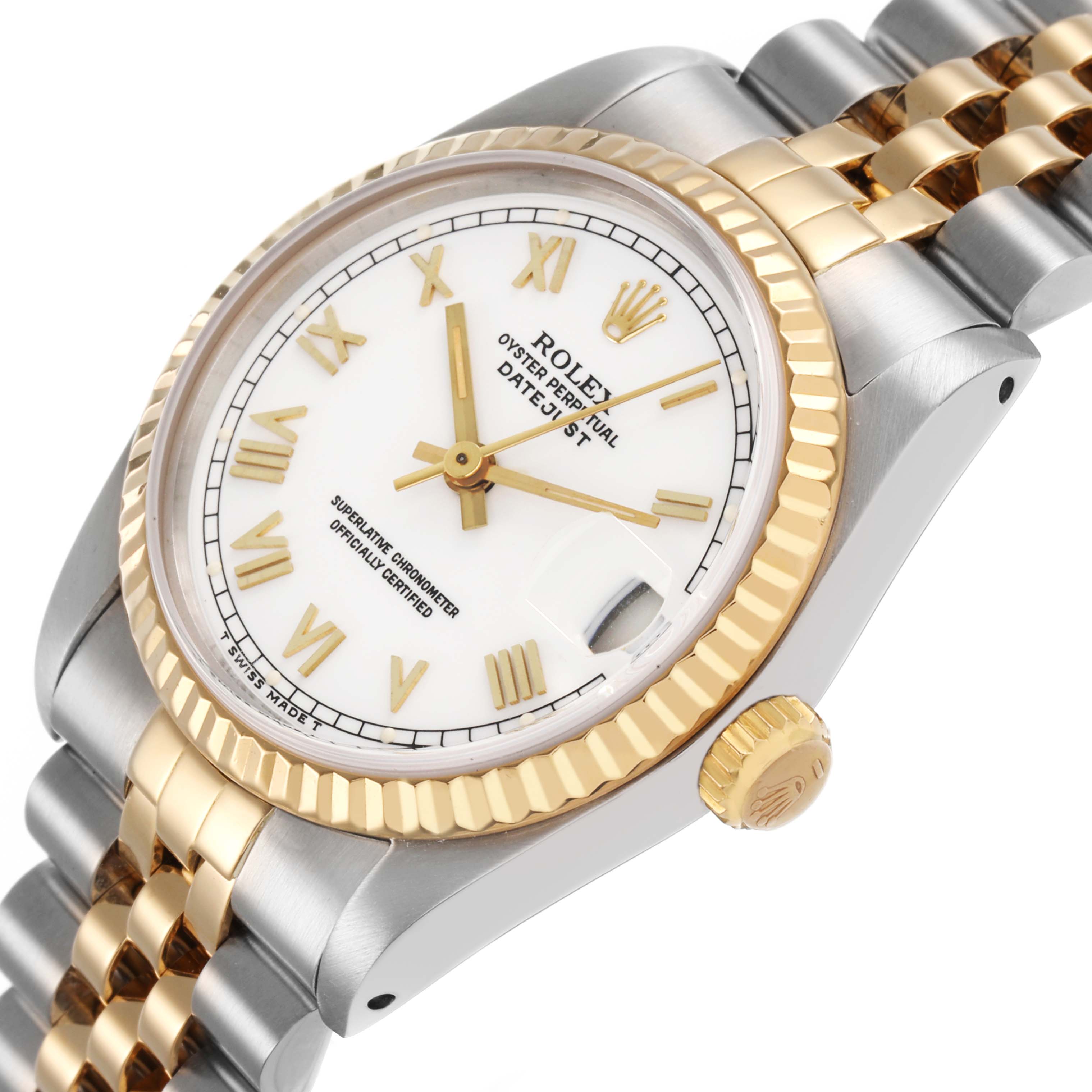 The Rolex Mid-Size 68273 Women's Steel and Gold (two tone) White Dial model is shown at an angled side view highlighting the dial, fluted bezel, bracelet, and crown.