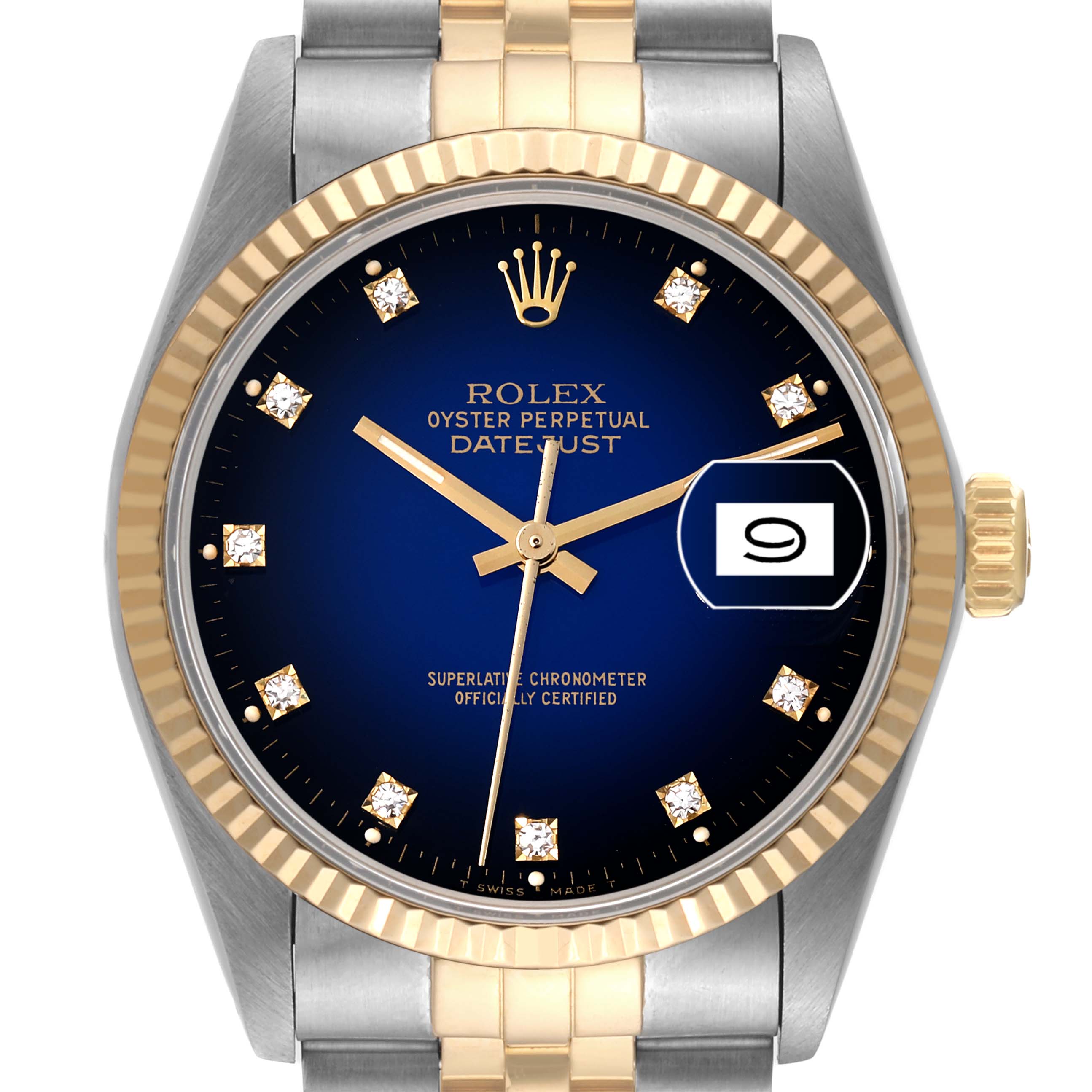The image shows a front view of the Rolex Vintage Collection 16013 Men's Steel and Gold (two tone) Blue Dial 16013 Men's Steel and Gold (two tone) Blue Dial Datejust watch, featuring a blue dial with gold accents and a date display.