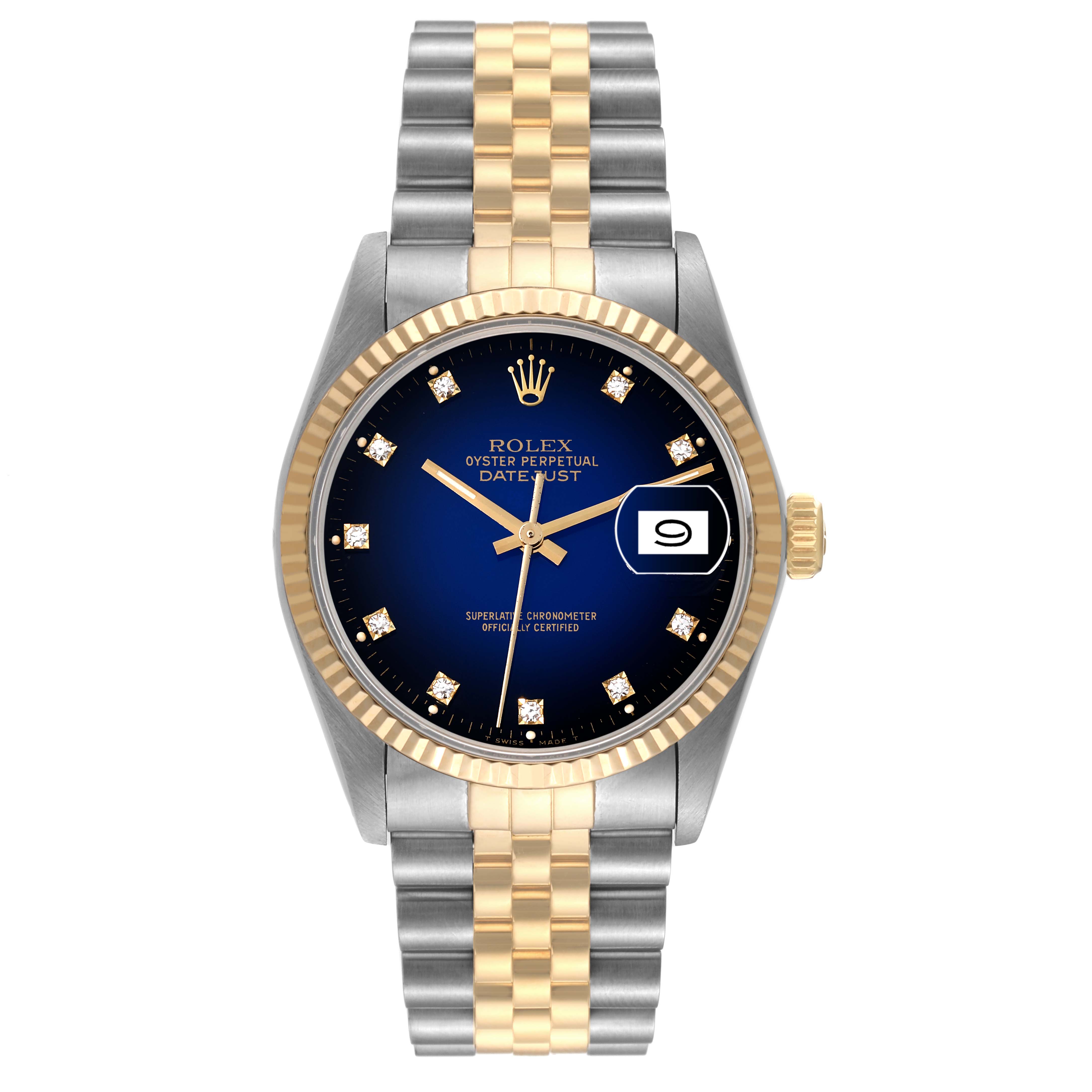 This image shows the front view of the Rolex Vintage Collection 16013 Men's Steel and Gold (two tone) Blue Dial 16013 Men's Steel and Gold (two tone) Blue Dial Datejust, highlighting its blue dial, diamond markers, and two-tone bracelet.