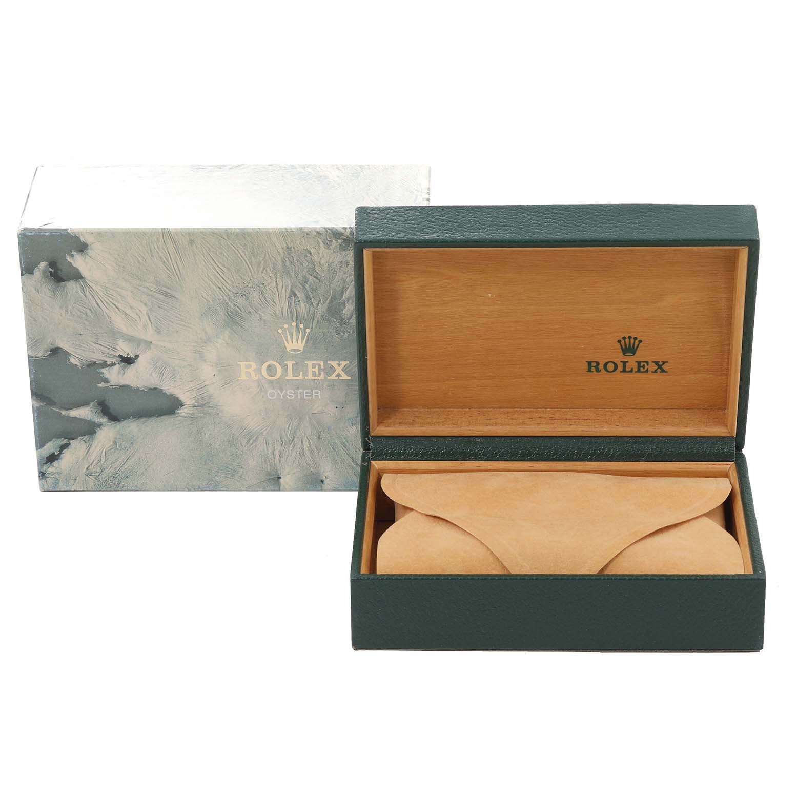 The image shows the packaging for a Rolex Vintage Collection 16013 Men's Steel and Gold (two tone) Blue Dial 16013 Men's Steel and Gold (two tone) Blue Dial watch, including an open box and an outer sleeve.