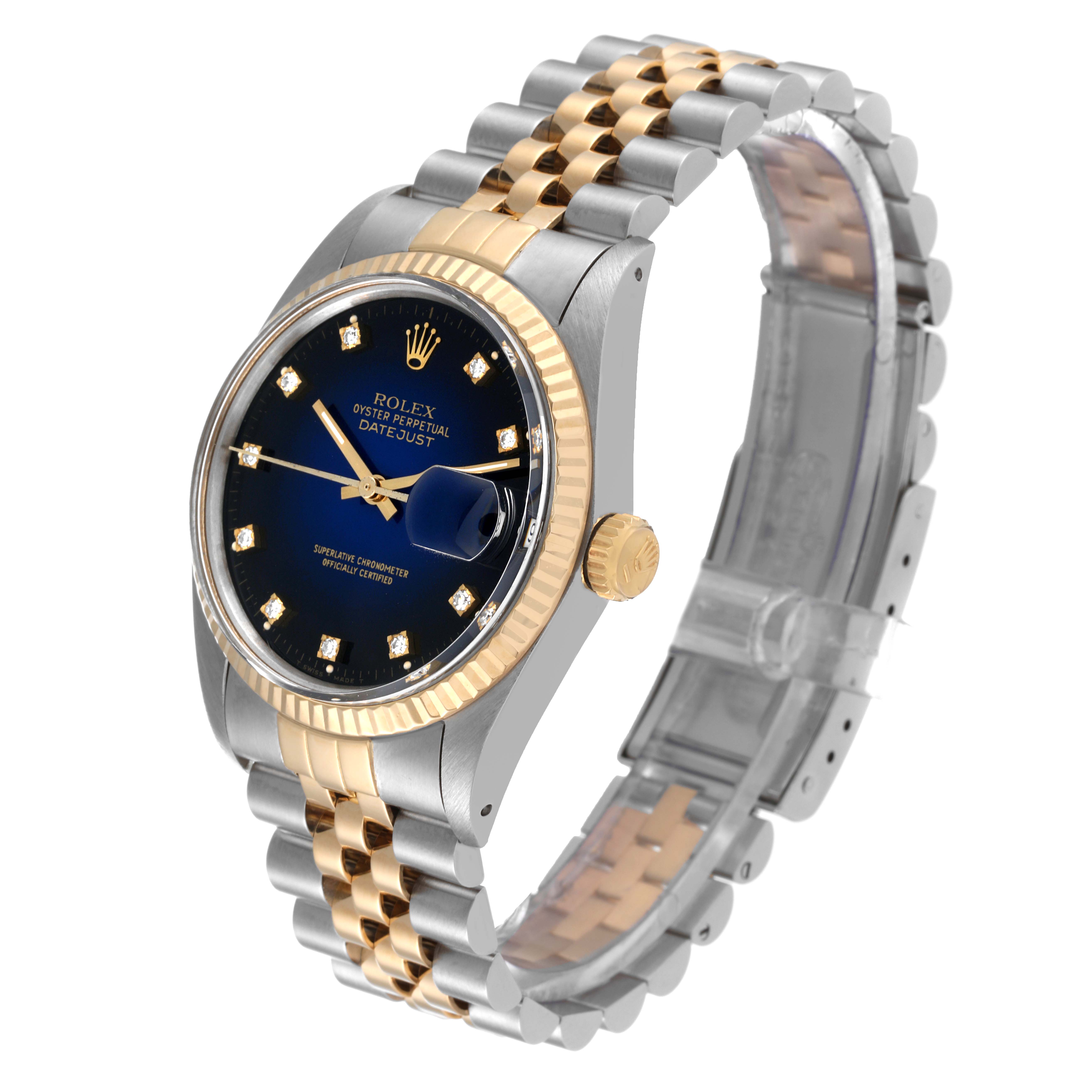 The image shows a Rolex Vintage Collection 16013 Men's Steel and Gold (two tone) Blue Dial 16013 Men's Steel and Gold (two tone) Blue Dial model watch at a three-quarter angle, highlighting the face, bezel, crown, and two-tone bracelet.