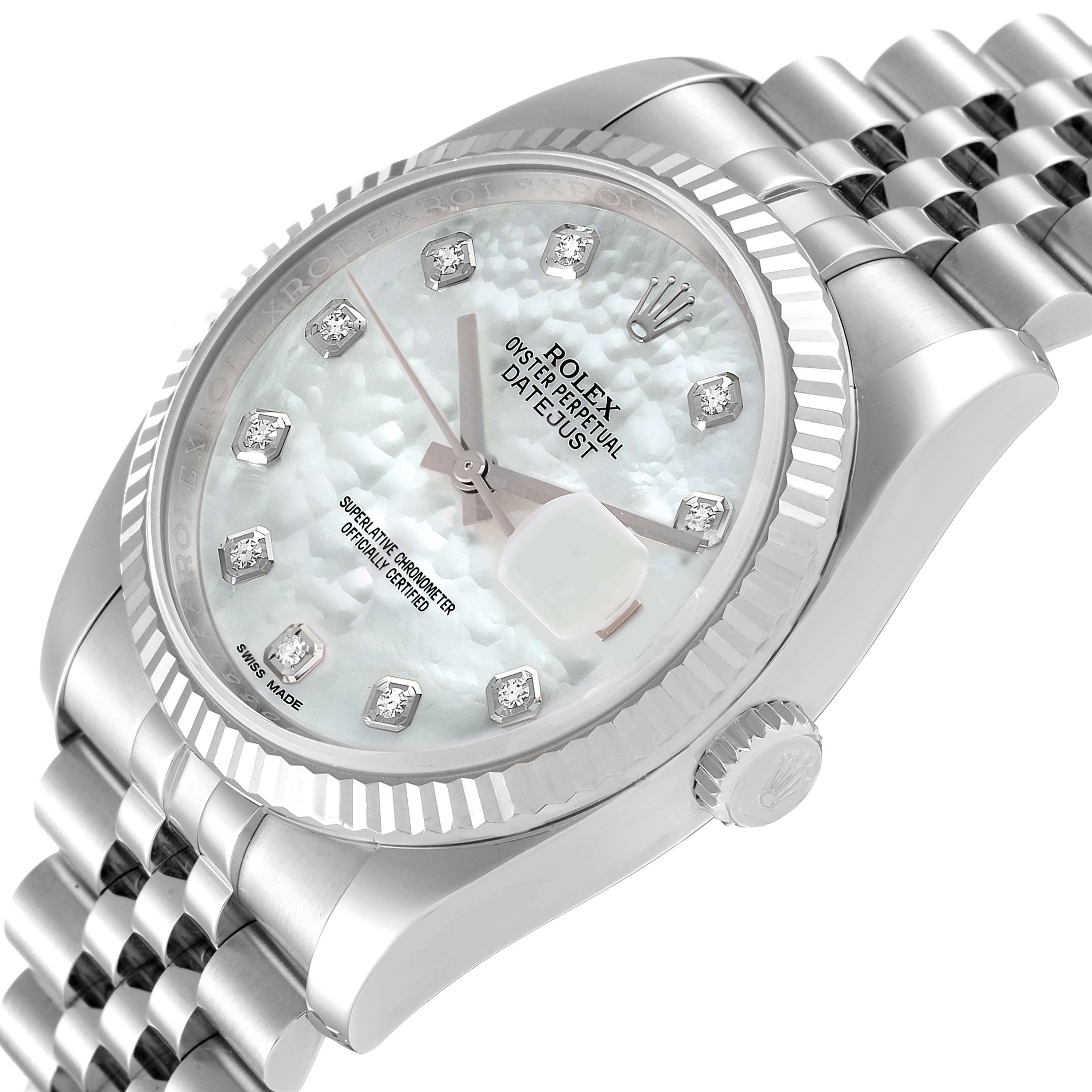 The image shows a Rolex Datejust 116234 Men's Stainless Steel Mother of Pearl Dial 116234 Men's Stainless Steel Mother of Pearl Dial watch at an angled view, highlighting the face, bezel, and part of the bracelet.