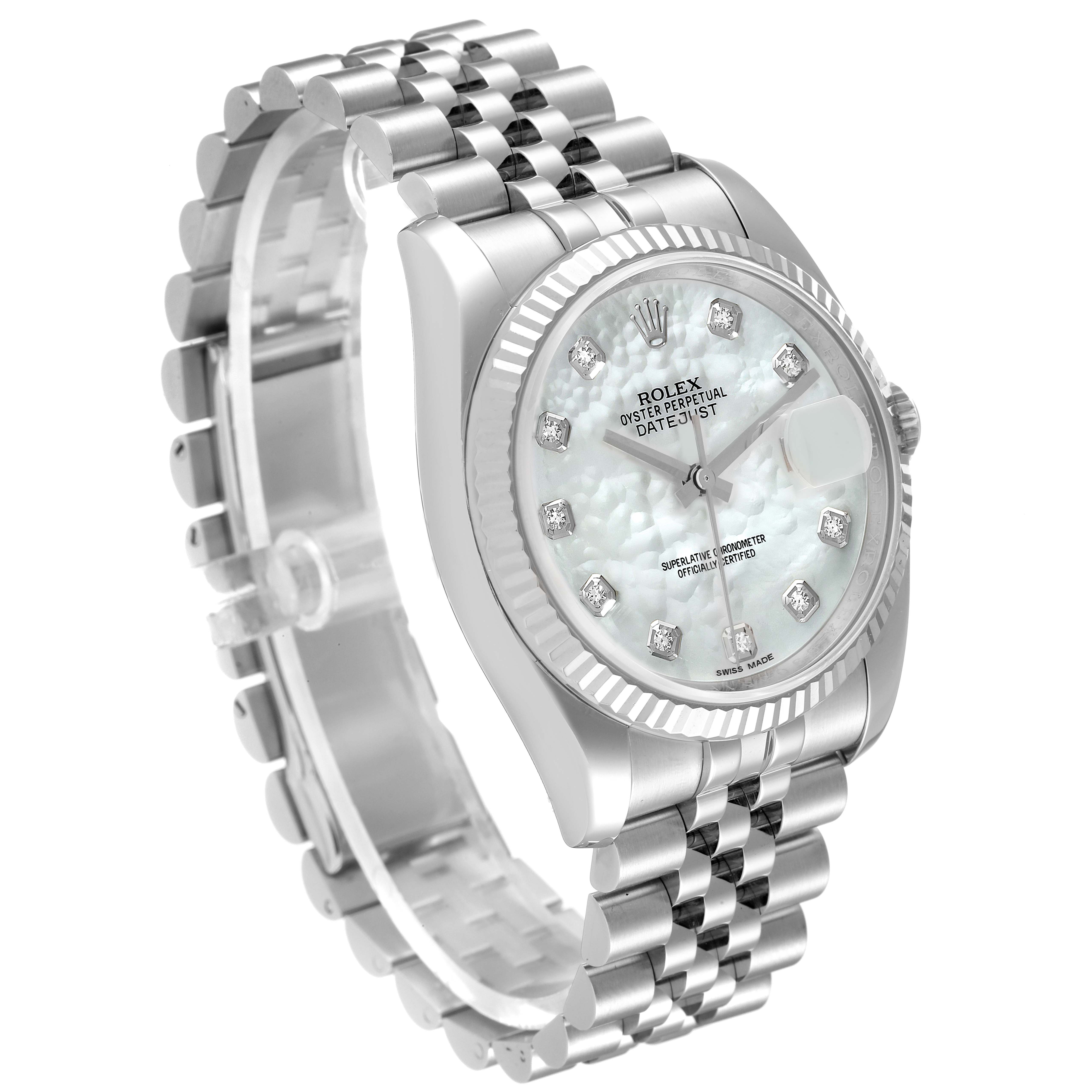 This Rolex Datejust 116234 Men's Stainless Steel Mother of Pearl Dial 116234 Men's Stainless Steel Mother of Pearl Dial watch is shown at an angled view, highlighting the face, bezel, and bracelet.