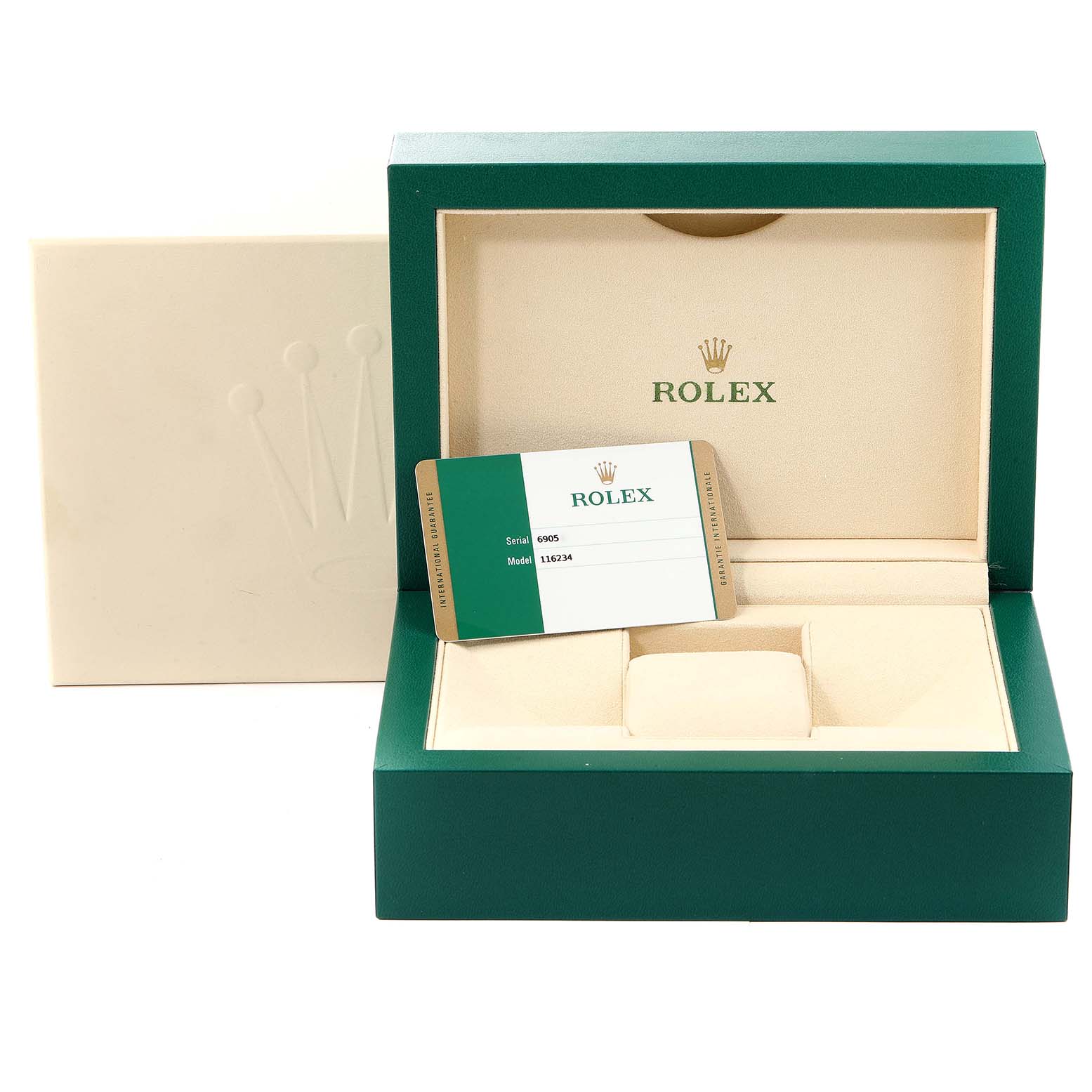 The image shows a Rolex Datejust 116234 Men's Stainless Steel Mother of Pearl Dial 116234 Men's Stainless Steel Mother of Pearl Dial watch box, including a serial/model card, with the box open to reveal the interior compartments.