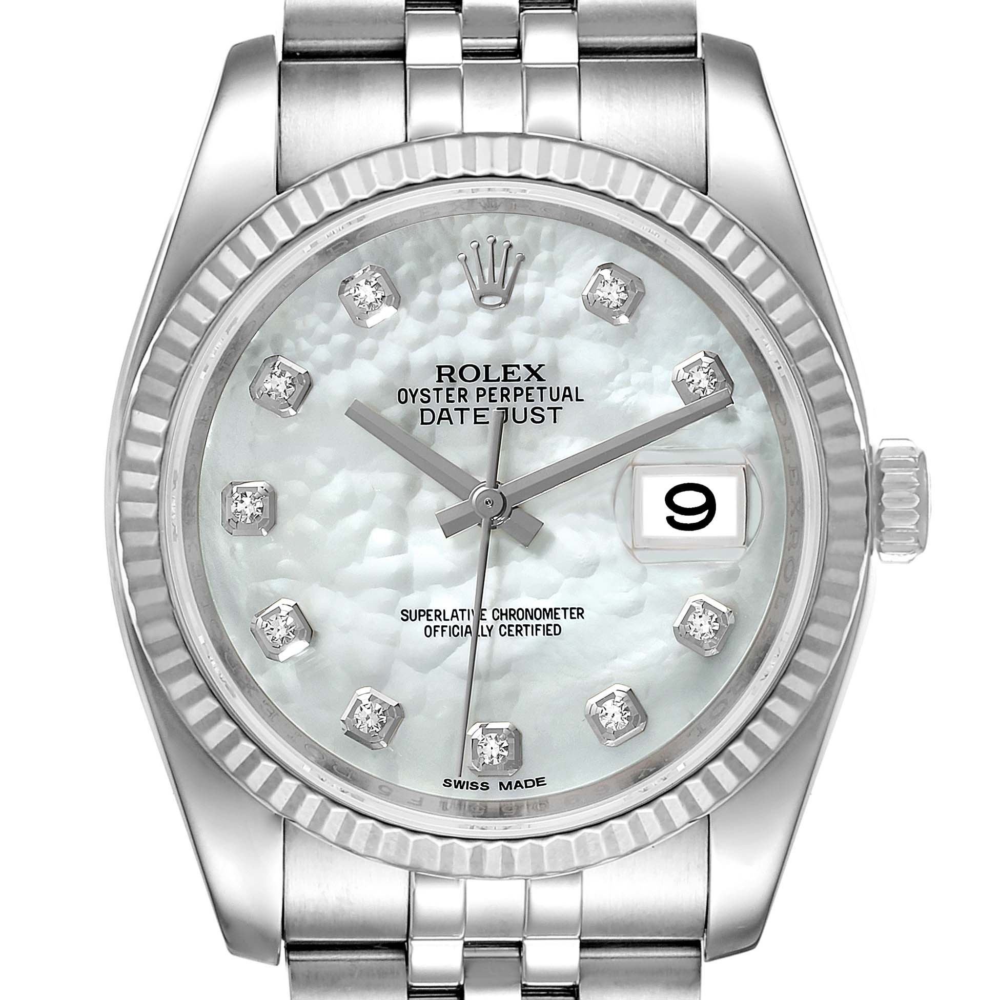 The image shows a front view of the Rolex Datejust 116234 Men's Stainless Steel Mother of Pearl Dial 116234 Men's Stainless Steel Mother of Pearl Dial watch, highlighting its dial, date window, bezel, and part of the bracelet.