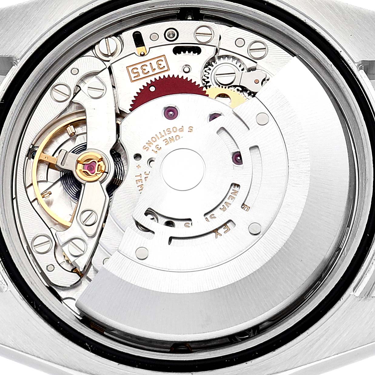 This image shows the internal mechanical movement of a Rolex Datejust 116234 Men's Stainless Steel Mother of Pearl Dial 116234 Men's Stainless Steel Mother of Pearl Dial watch at a close-up, top-down angle.