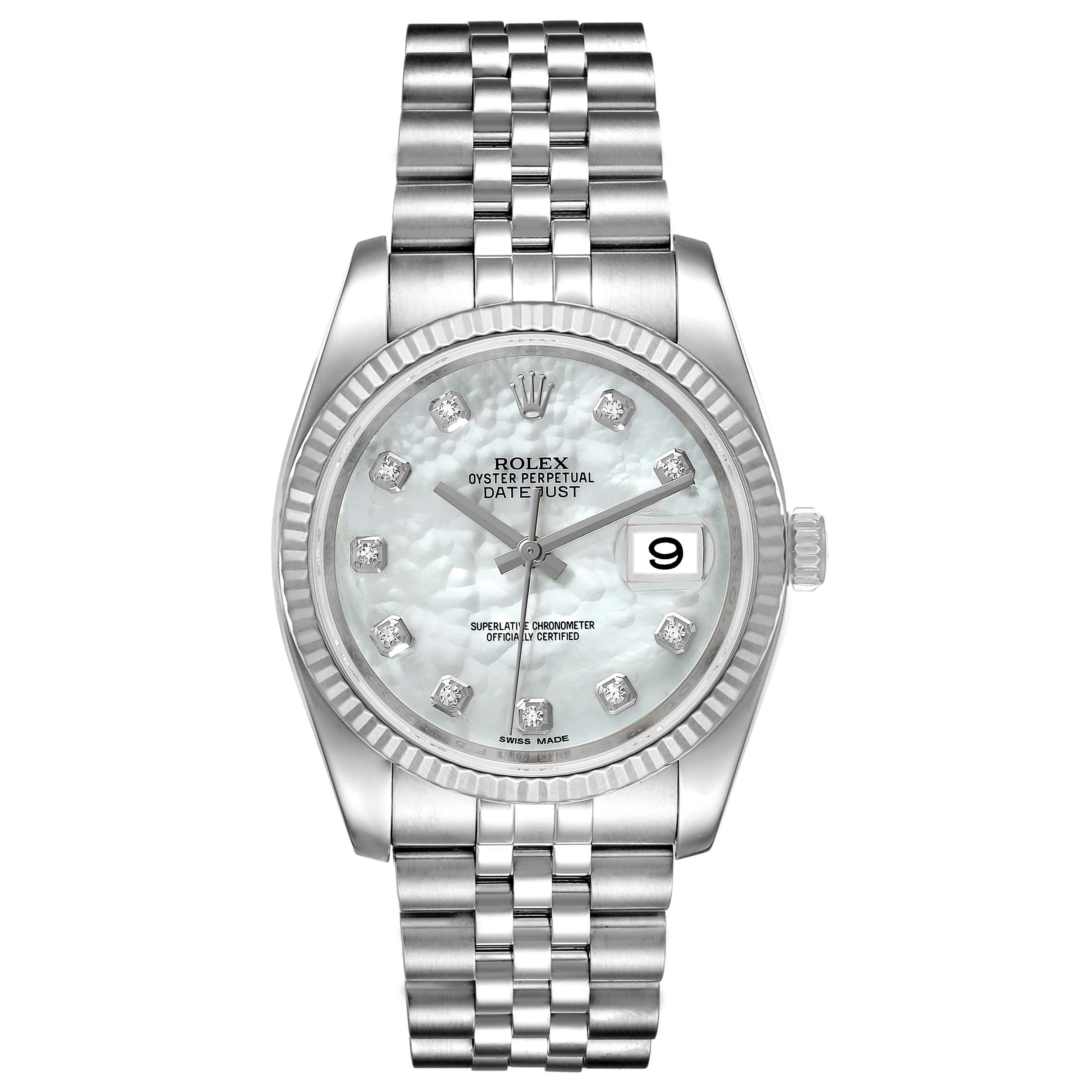 This image shows the front view of the Rolex Datejust 116234 Men's Stainless Steel Mother of Pearl Dial 116234 Men's Stainless Steel Mother of Pearl Dial watch, highlighting the face, bezel, and bracelet.