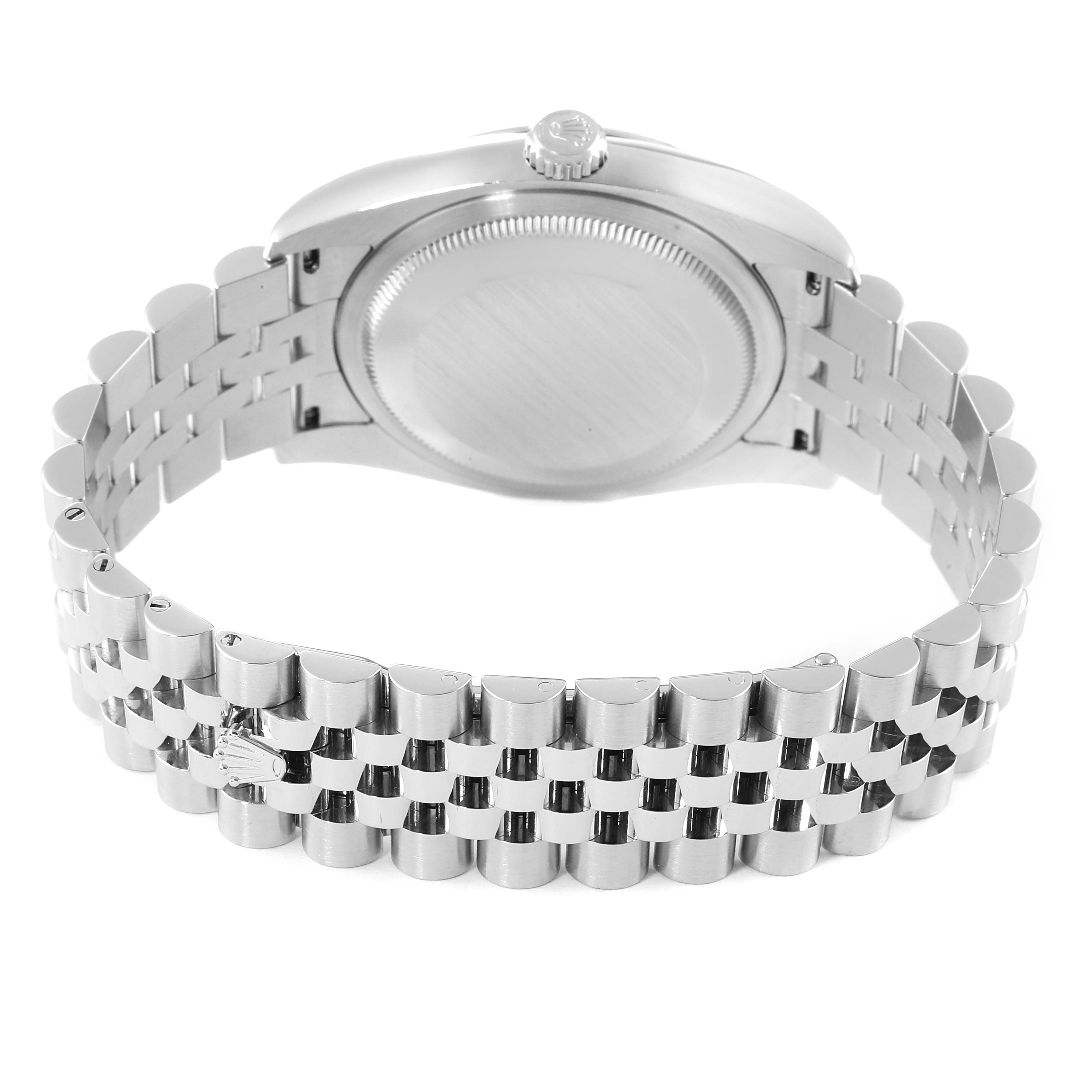 The image shows the back and bracelet of a Rolex Datejust 116234 Men's Stainless Steel Mother of Pearl Dial 116234 Men's Stainless Steel Mother of Pearl Dial watch from a rear angle.