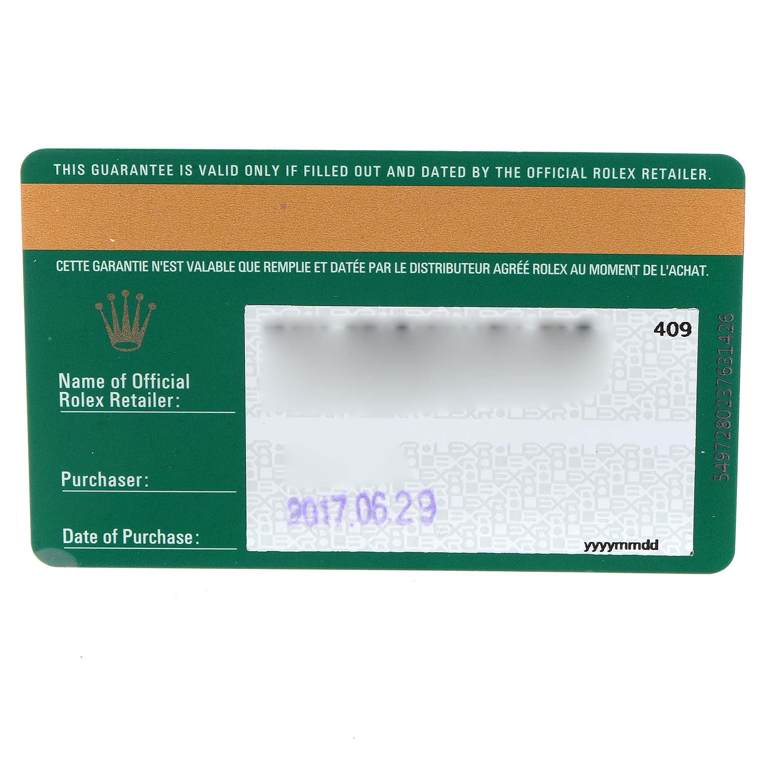 This image shows a guarantee card for a Rolex Datejust 116234 Men's Stainless Steel Mother of Pearl Dial 116234 Men's Stainless Steel Mother of Pearl Dial watch, including fields for the official retailer, purchaser, and date of purchase.