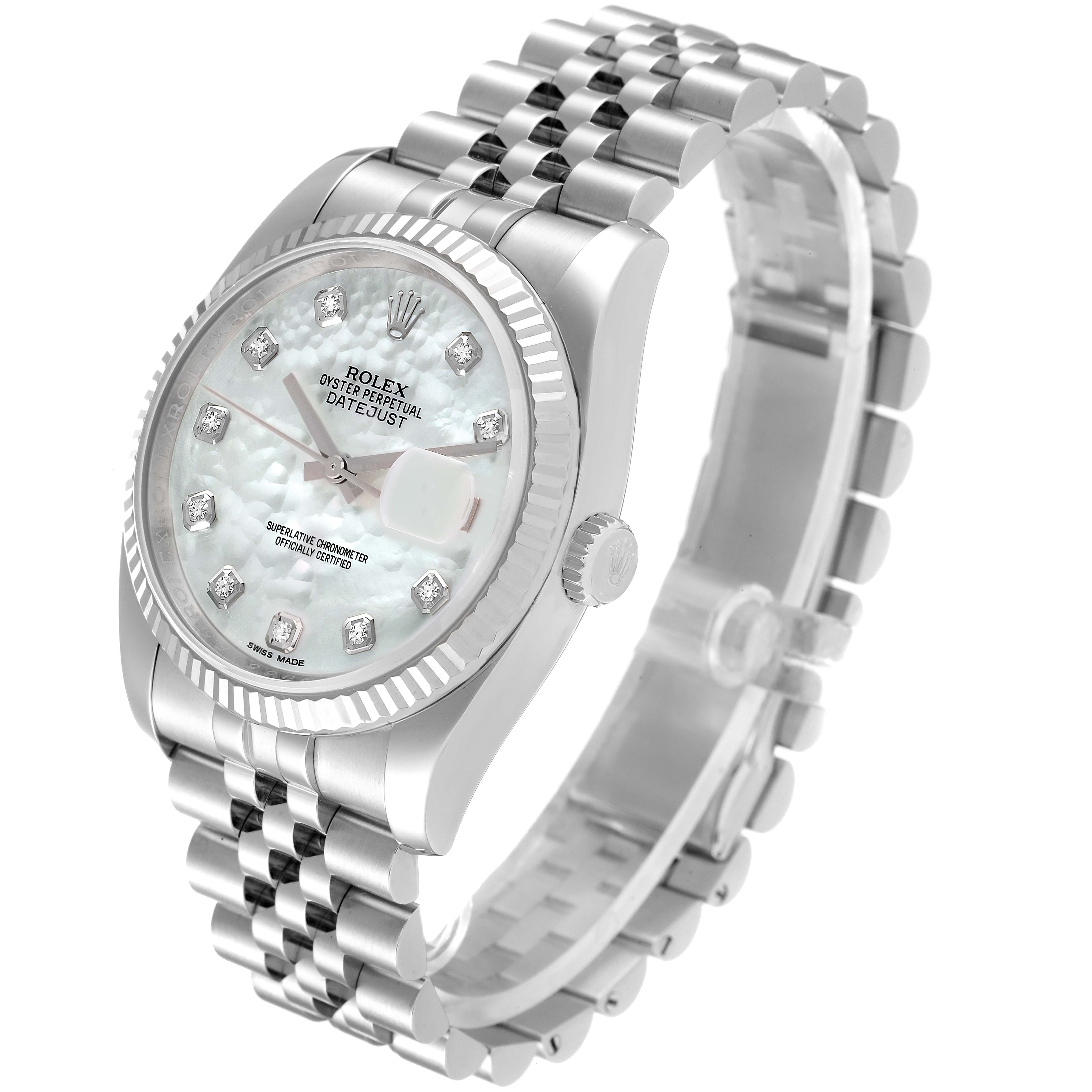 This image shows a Rolex Datejust 116234 Men's Stainless Steel Mother of Pearl Dial 116234 Men's Stainless Steel Mother of Pearl Dial watch from a front-left angle, highlighting its bracelet, case, crown, and dial.
