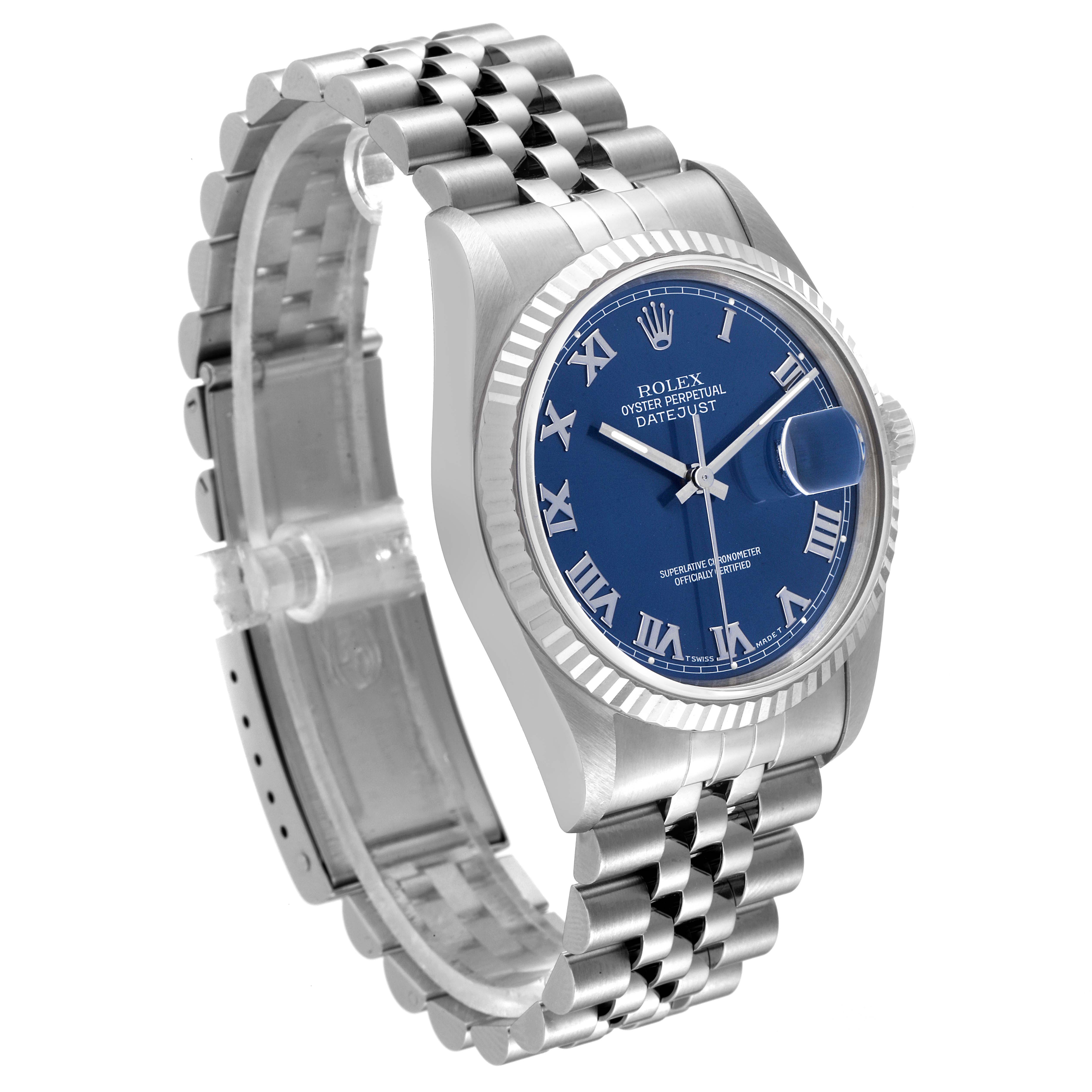 The Rolex Datejust 16234 Men's Stainless Steel Blue Dial 16234 Men's Stainless Steel Blue Dial watch is shown at a three-quarter angle, displaying the face, crown, and Jubilee bracelet.