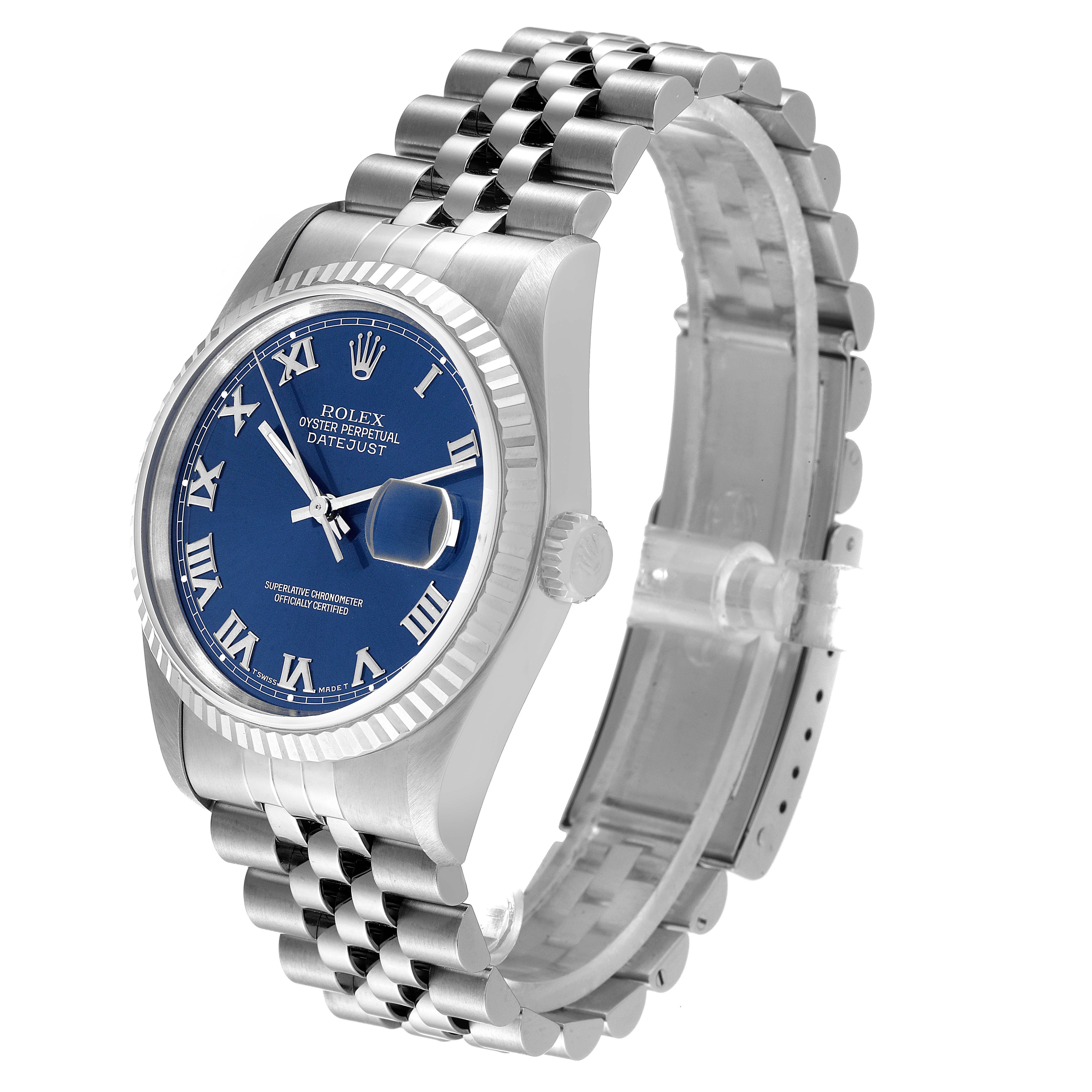 The image shows the Rolex Datejust 16234 Men's Stainless Steel Blue Dial 16234 Men's Stainless Steel Blue Dial watch from a three-quarter angle, highlighting its blue dial, fluted bezel, and Jubilee bracelet.