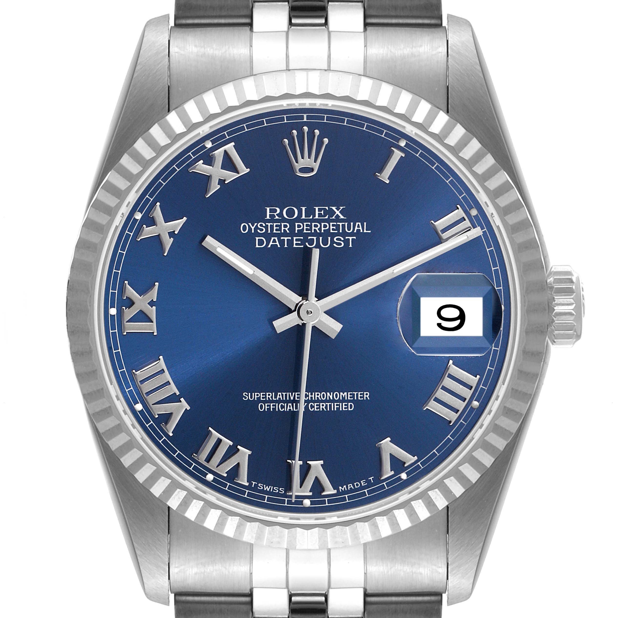 The image shows the front view of a Rolex Datejust 16234 Men's Stainless Steel Blue Dial 16234 Men's Stainless Steel Blue Dial watch, highlighting the blue dial, Roman numerals, and date window at 3 o'clock.