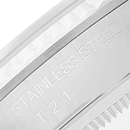 The image shows a close-up of the caseback engraving on a Rolex Datejust 16234 Men's Stainless Steel Blue Dial 16234 Men's Stainless Steel Blue Dial watch, including "STAINLESS STEEL" and "T 21".