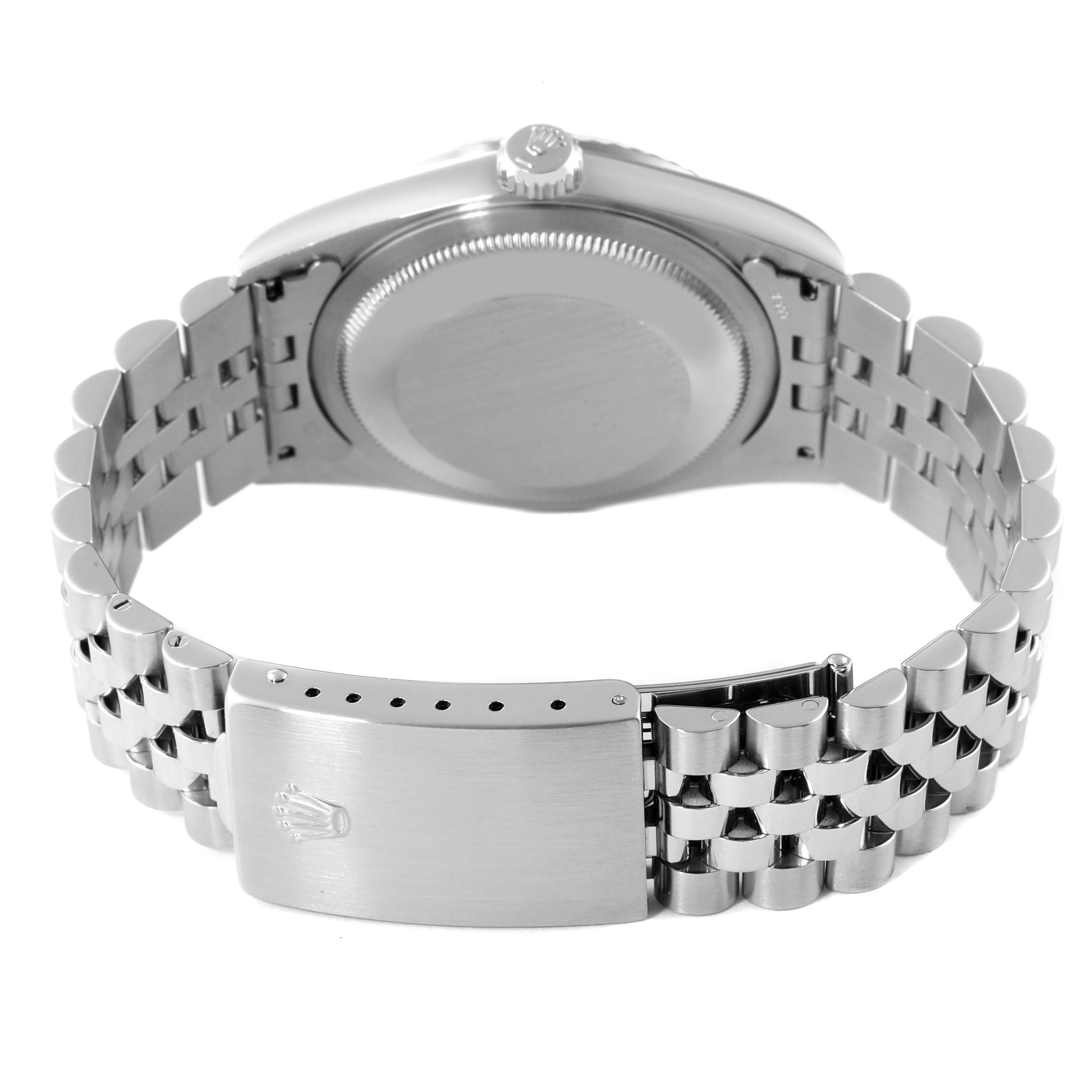 The image shows a Rolex Datejust 16234 Men's Stainless Steel Blue Dial 16234 Men's Stainless Steel Blue Dial watch from the back, highlighting the case back, crown, and Jubilee bracelet with the clasp open.