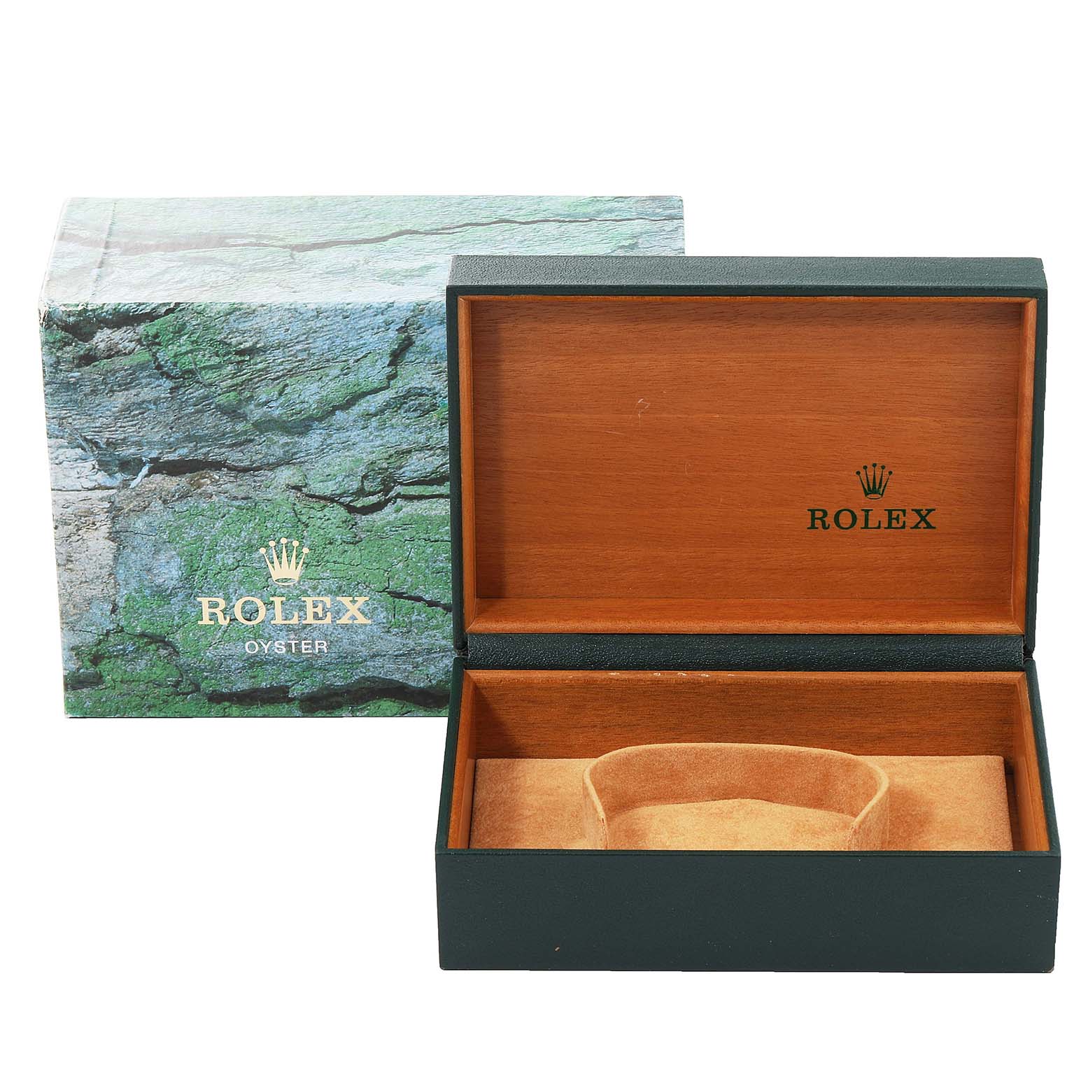 The image shows an open Rolex Datejust 16234 Men's Stainless Steel Blue Dial 16234 Men's Stainless Steel Blue Dial watch box and its outer packaging from a front angle.