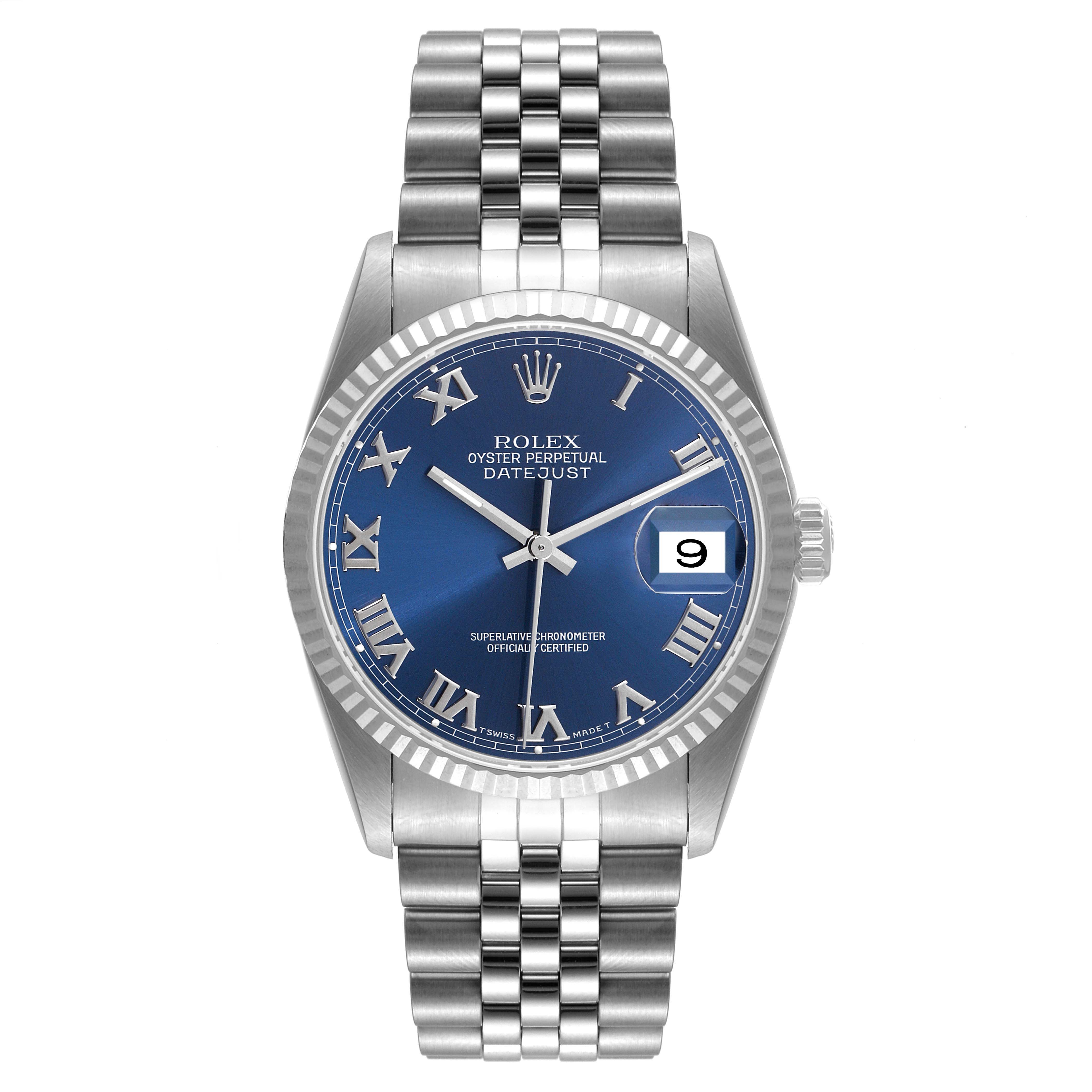 This image shows a Rolex Datejust 16234 Men's Stainless Steel Blue Dial 16234 Men's Stainless Steel Blue Dial watch from the front, featuring a blue dial, Roman numerals, and a Jubilee bracelet.