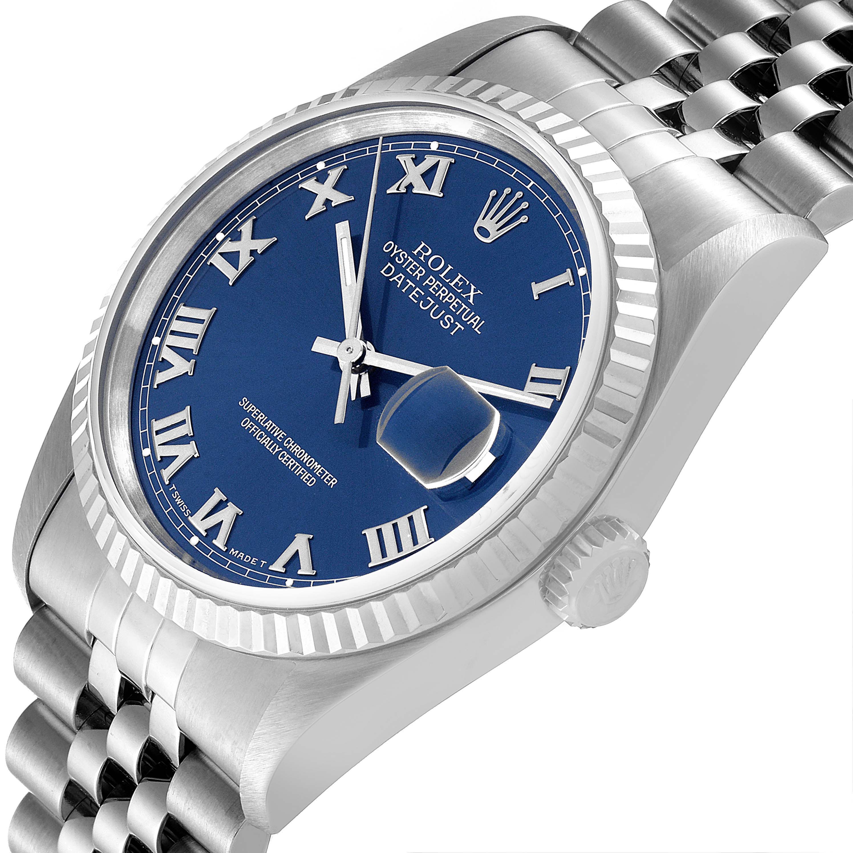The image shows an angled view of the face and part of the band of a Rolex Datejust 16234 Men's Stainless Steel Blue Dial 16234 Men's Stainless Steel Blue Dial watch.