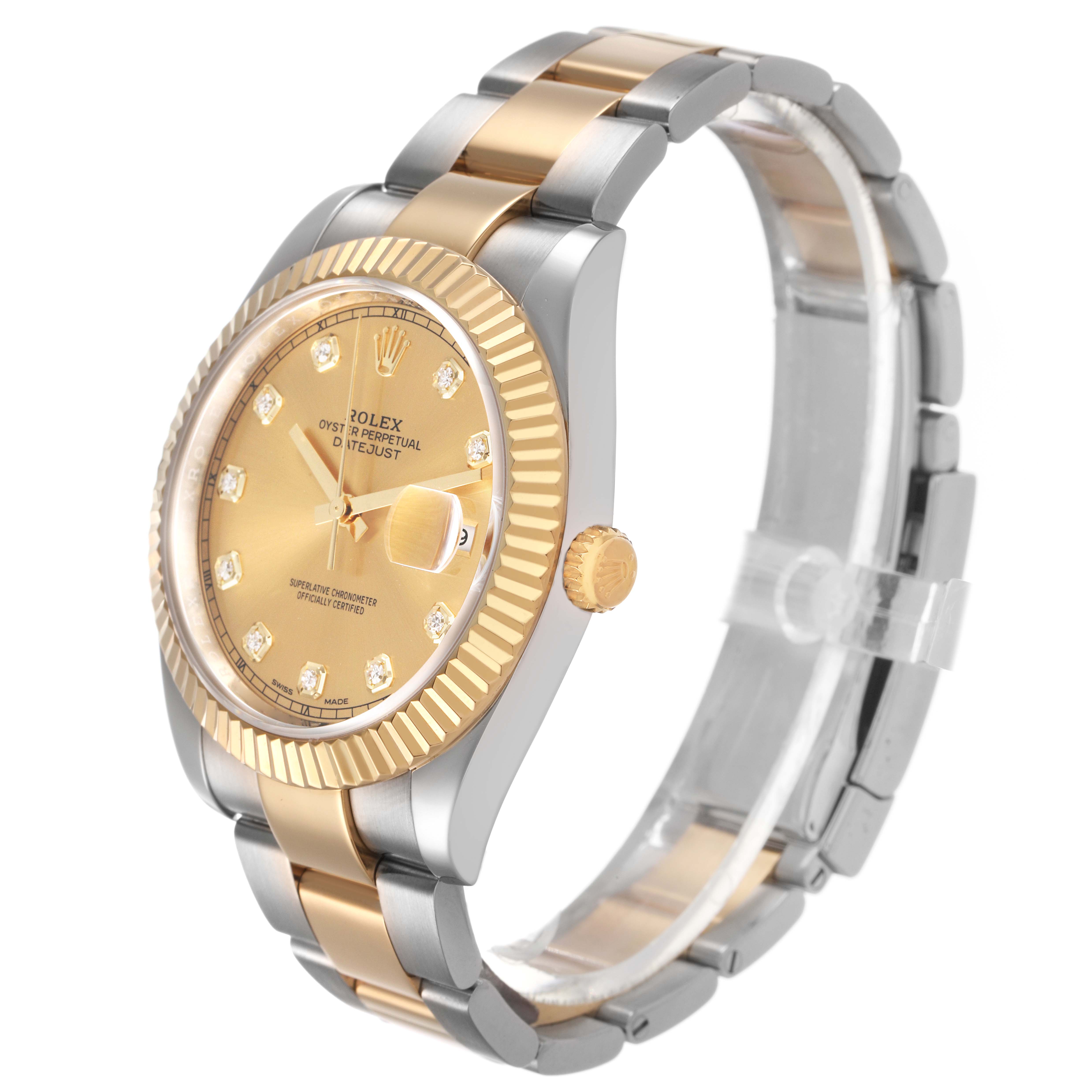 The Rolex Datejust 41 M126333-0011 Men's Steel and Gold (two tone) Champagne Dial is shown at an angle highlighting the gold dial, fluted bezel, and two-tone bracelet.