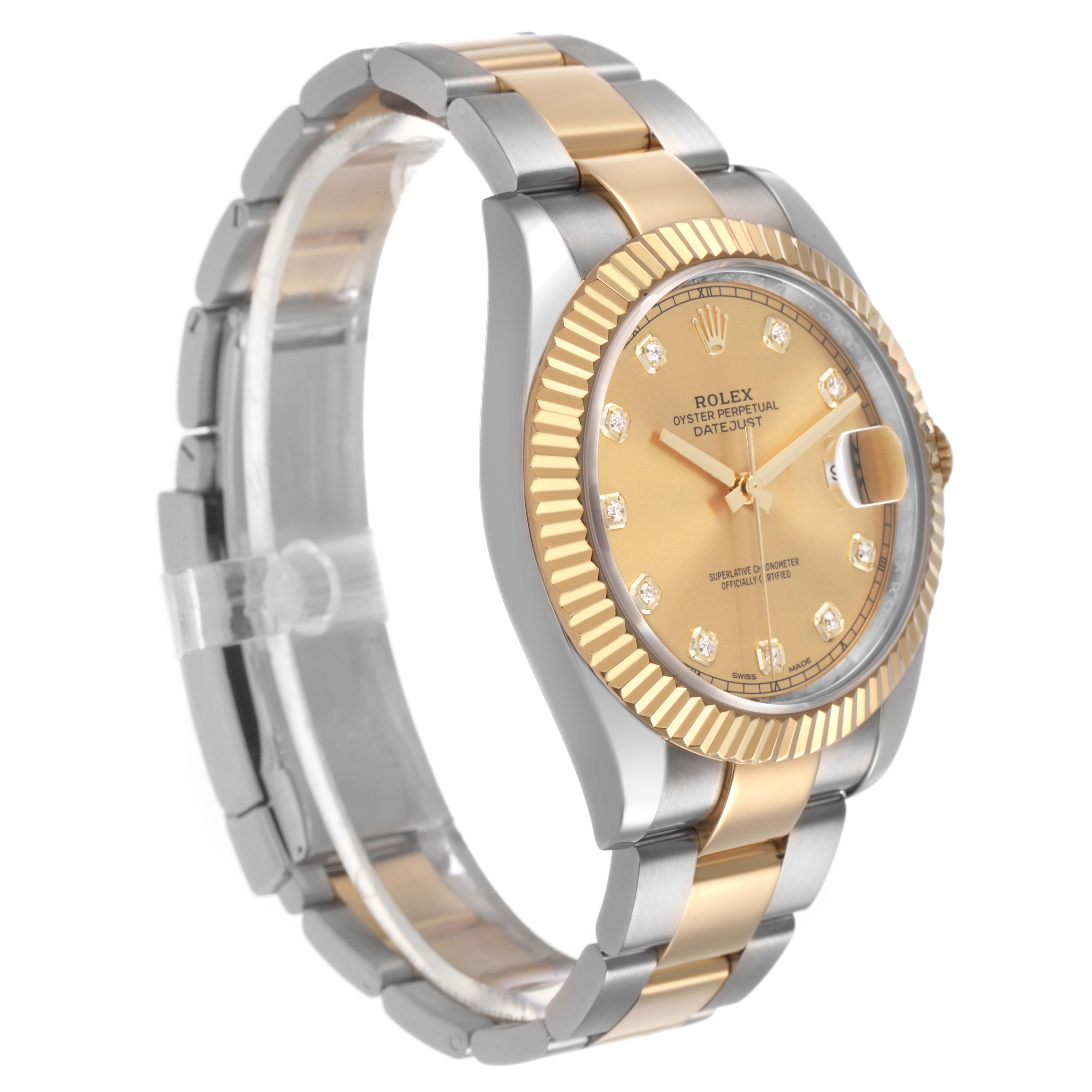 The Rolex Datejust 41 M126333-0011 Men's Steel and Gold (two tone) Champagne Dial is shown at an angle highlighting the gold dial, bezel, and two-tone bracelet.