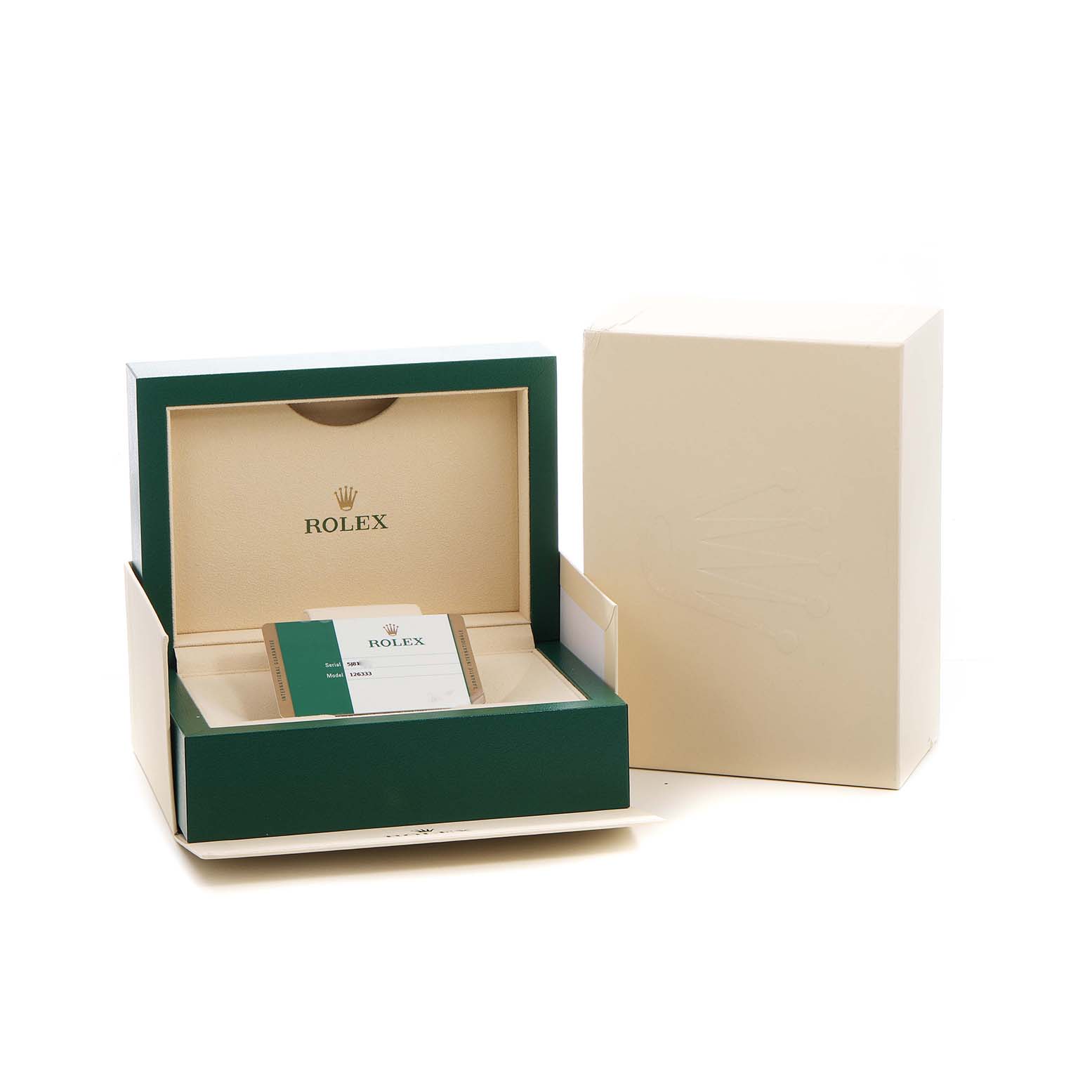 The image shows the packaging and warranty card for the Rolex Datejust 41 M126333-0011 Men's Steel and Gold (two tone) Champagne Dial, with an open box and outer sleeve visible.