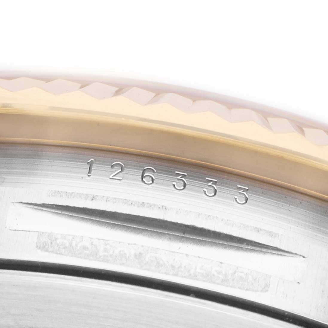 The image shows a close-up of the bezel and reference number area of a Rolex Datejust 41 M126333-0011 Men's Steel and Gold (two tone) Champagne Dial.
