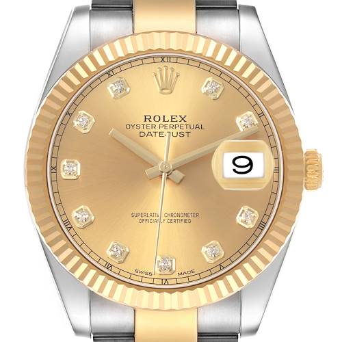 The Rolex Datejust 41 M126333-0011 Men's Steel and Gold (two tone) Champagne Dial watch is shown from the front, highlighting the dial, hands, date, and fluted bezel.