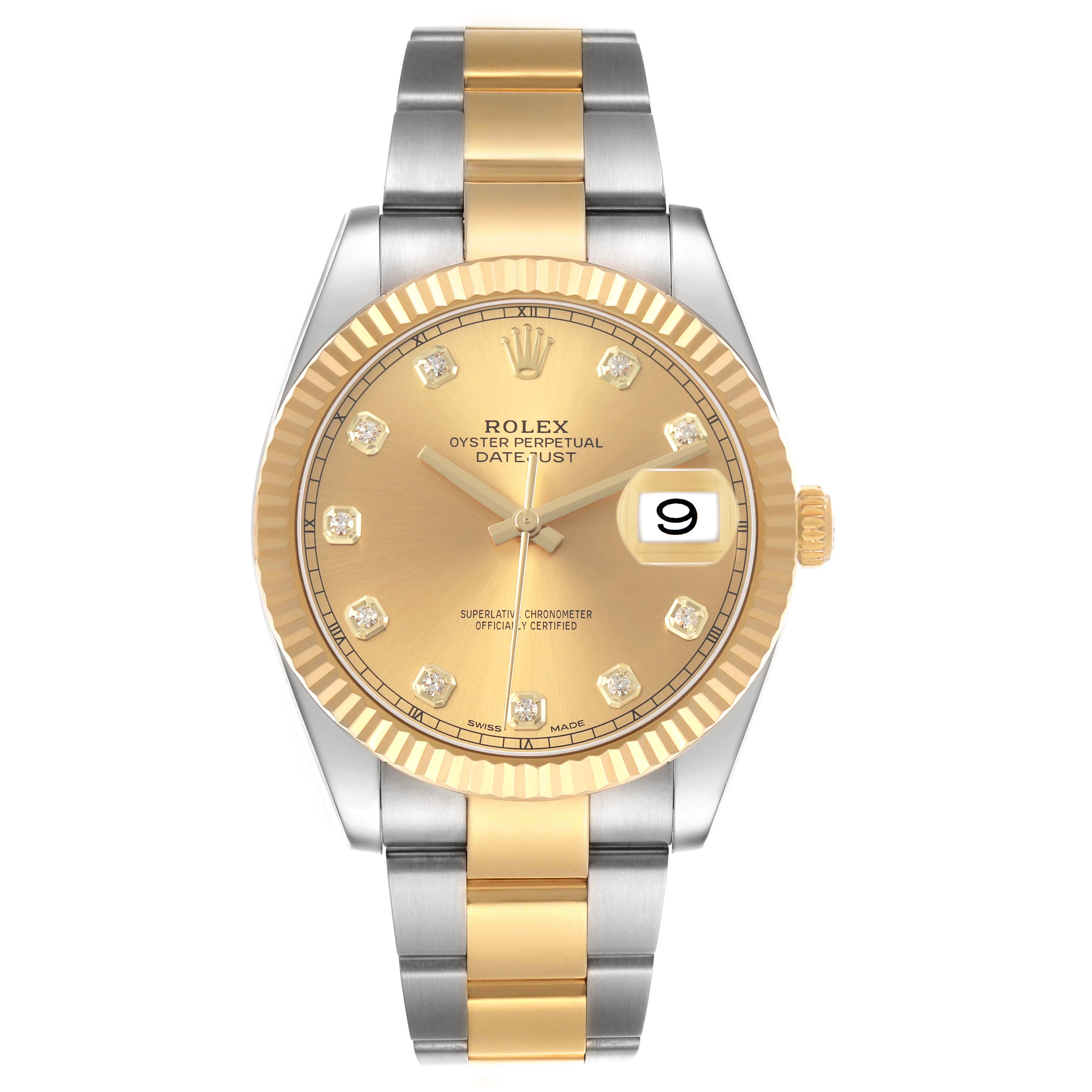 The Rolex Datejust 41 M126333-0011 Men's Steel and Gold (two tone) Champagne Dial watch is shown from the front, highlighting its gold dial, fluted bezel, and two-tone bracelet.