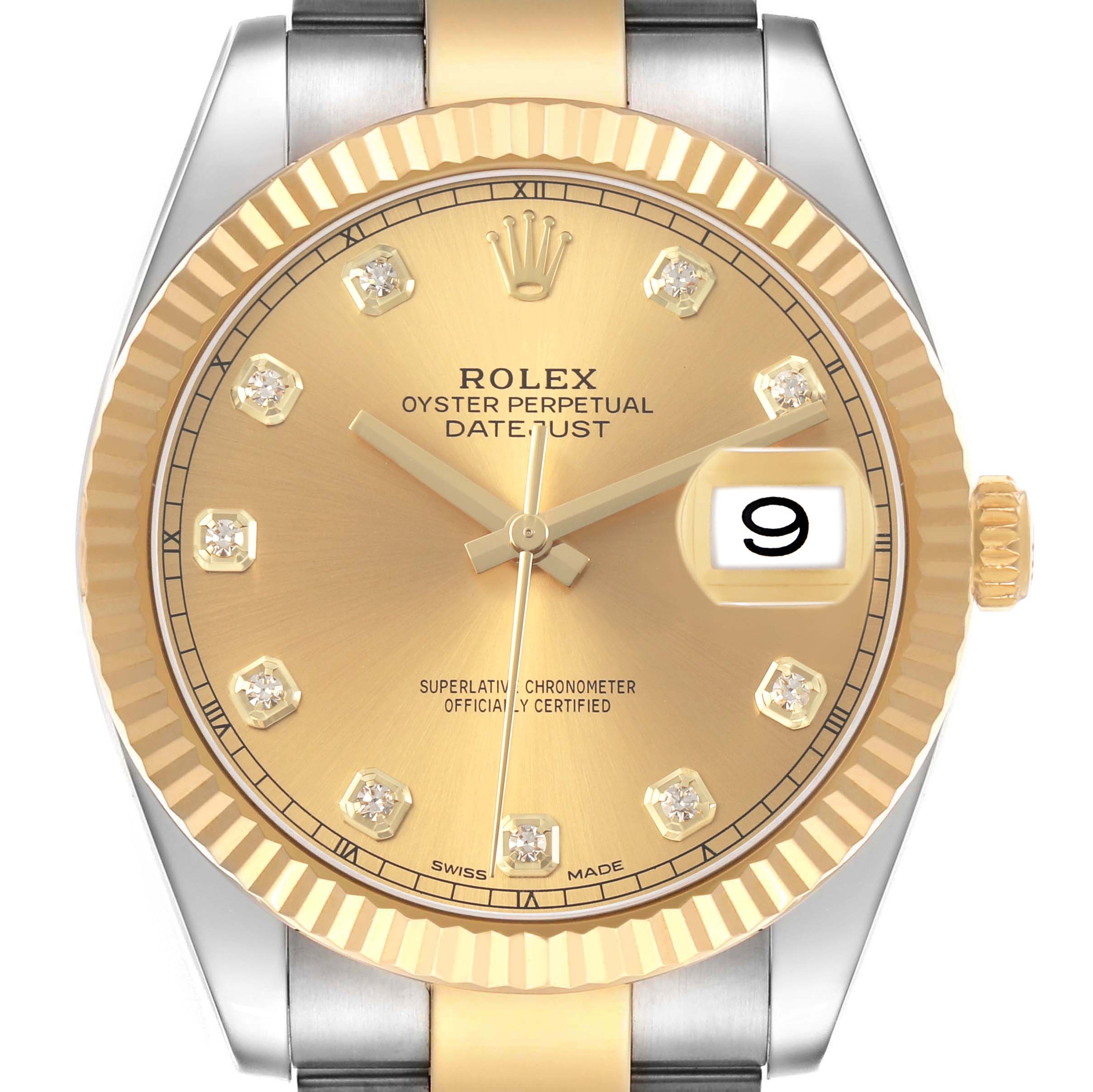 The Rolex Datejust 41 M126333-0011 Men's Steel and Gold (two tone) Champagne Dial is shown from a front view, highlighting its gold dial, diamond markers, fluted bezel, and date window.