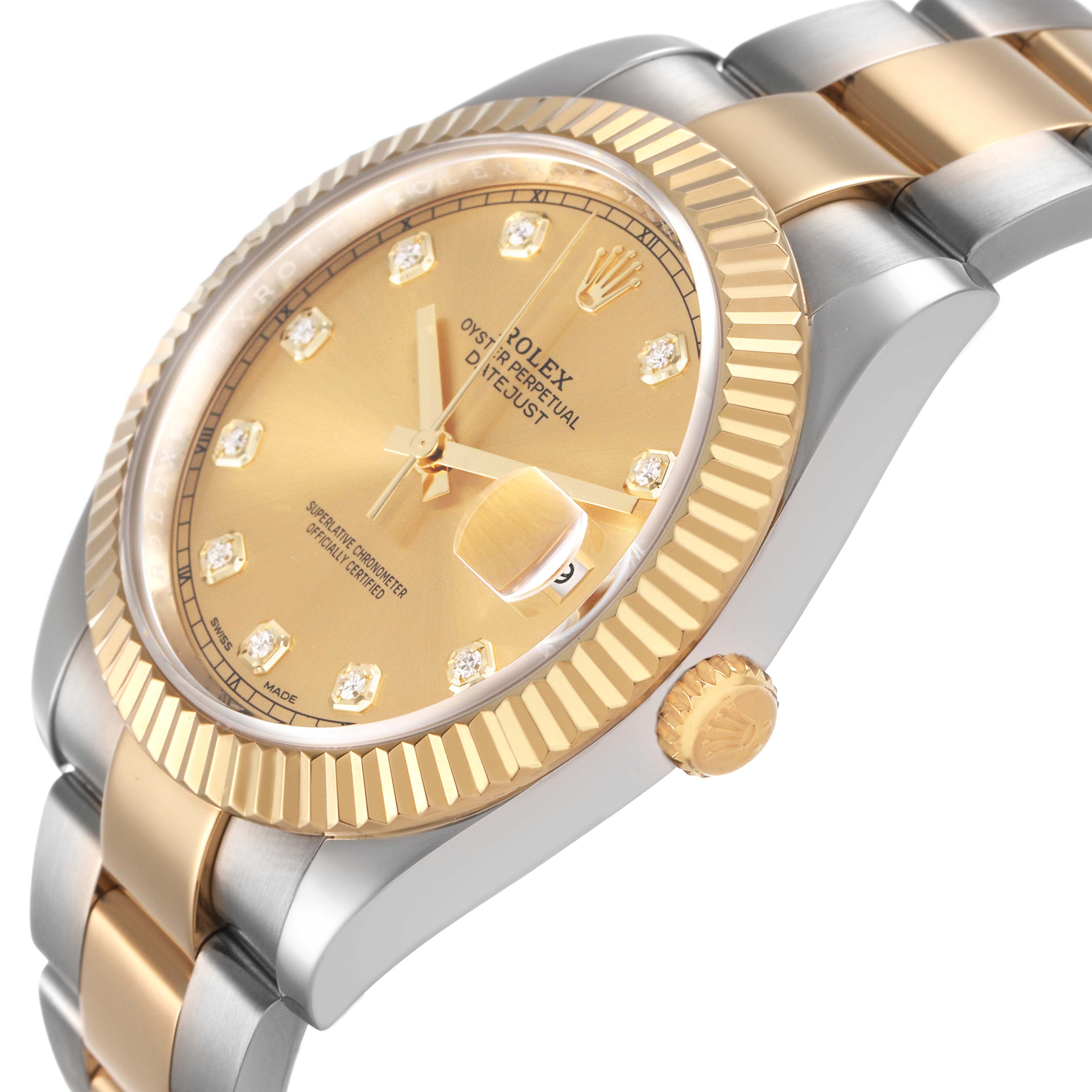 The Rolex Datejust 41 M126333-0011 Men's Steel and Gold (two tone) Champagne Dial is shown at an angled side view, highlighting its gold dial, fluted bezel, crown, and two-tone bracelet.