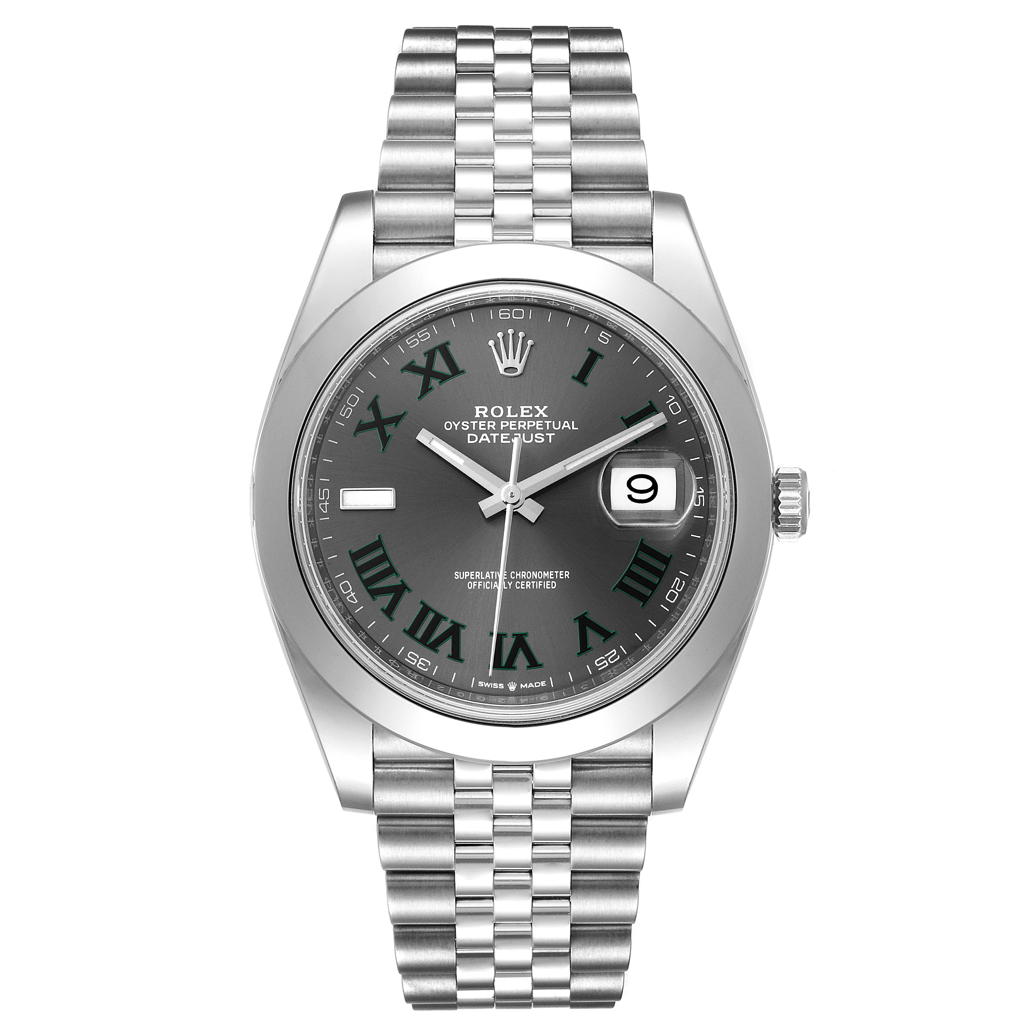 The image shows a front view of the Rolex Datejust 41 126300 Men
s Stainless Steel Grey Dial 126300 Men
s Stainless Steel Grey Dial watch, highlighting its dial, case, and bracelet.