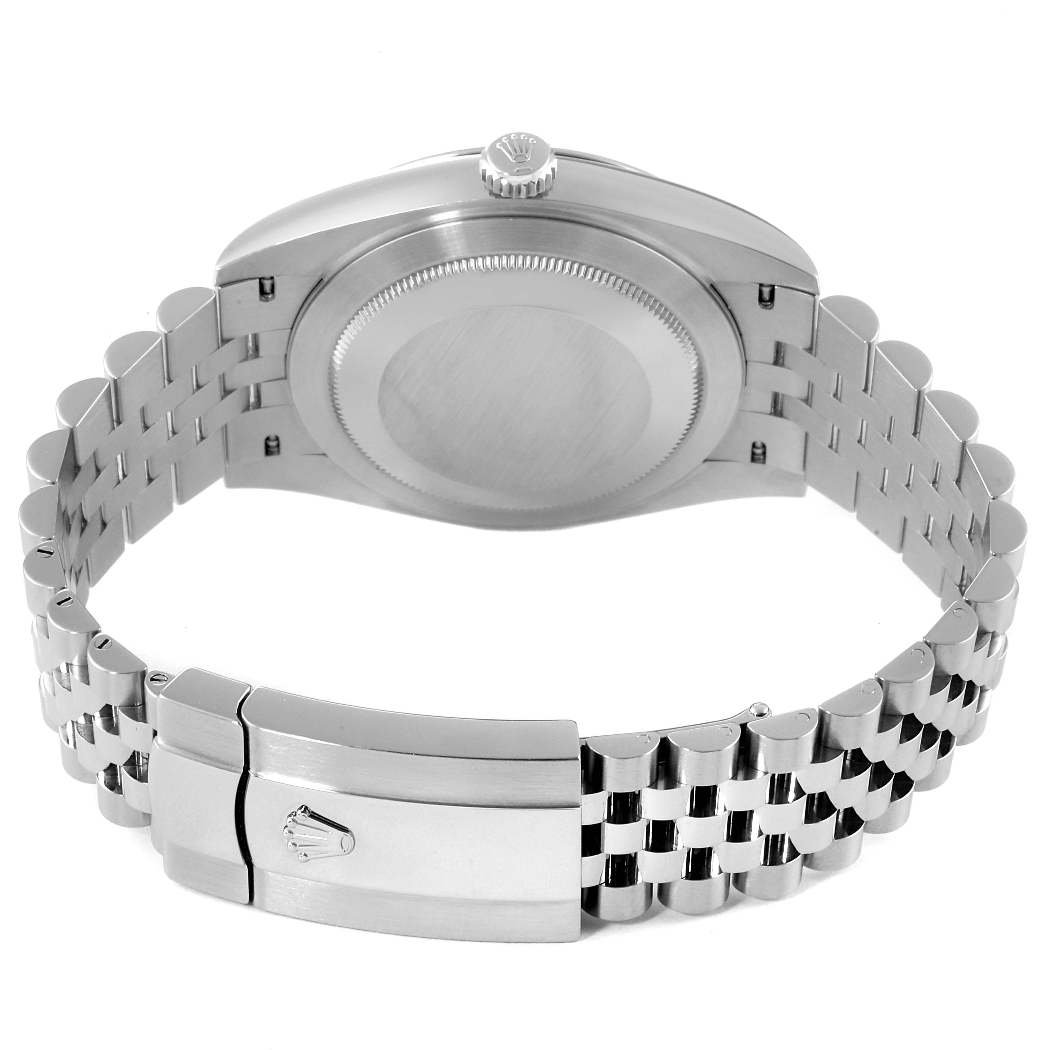 This image shows the back case and bracelet clasp of a Rolex Datejust 41 126300 Men
s Stainless Steel Grey Dial 126300 Men
s Stainless Steel Grey Dial watch from a rear angle.