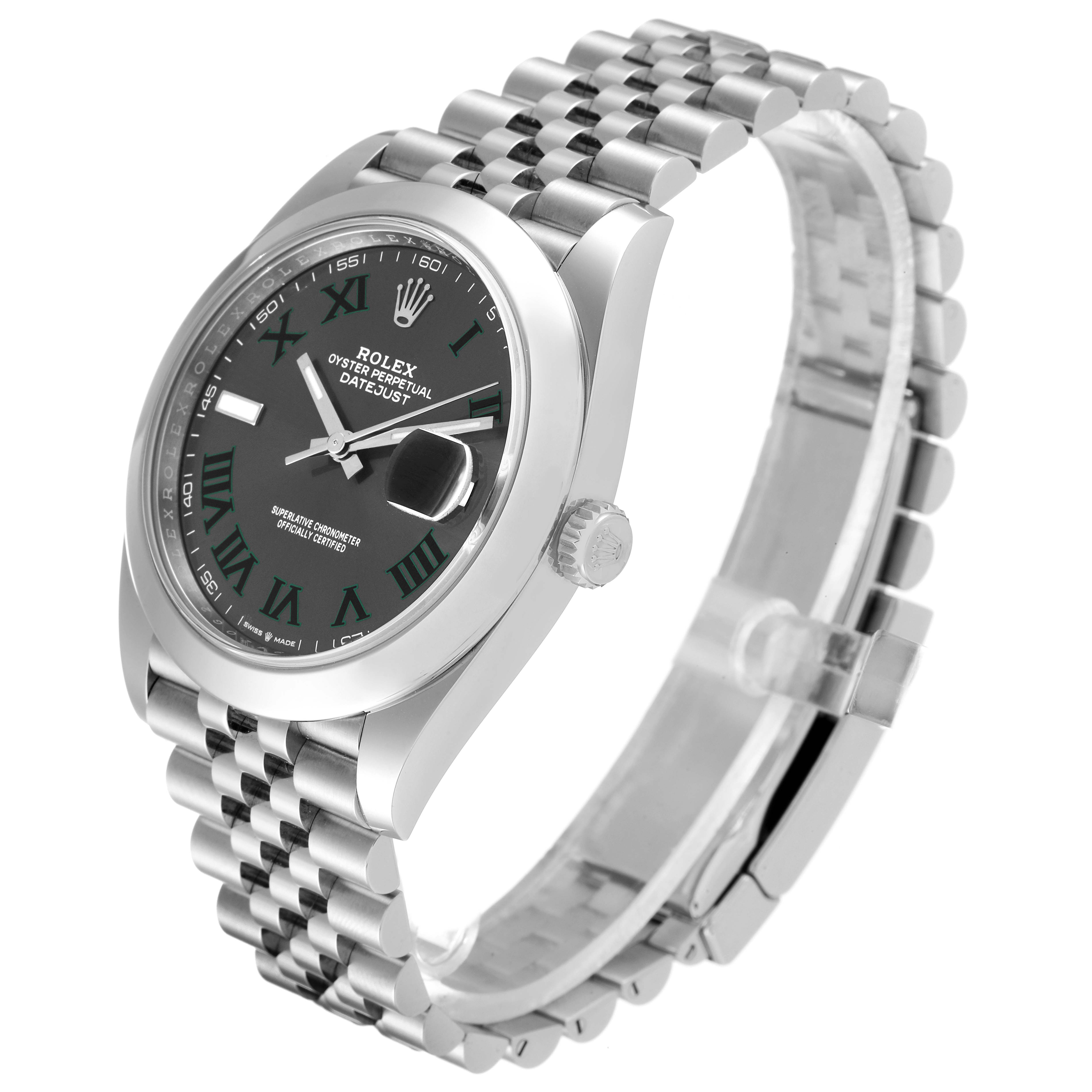 The image shows a right-side angle of the Rolex Datejust 41 126300 Men
s Stainless Steel Grey Dial 126300 Men
s Stainless Steel Grey Dial watch, highlighting the face, bezel, crown, and bracelet.