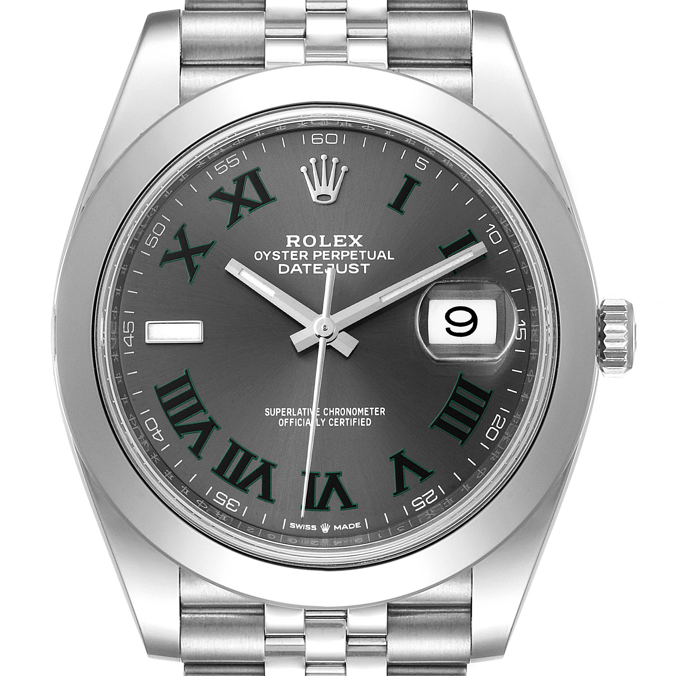 The image shows a frontal view of the Rolex Datejust 41 126300 Men
s Stainless Steel Grey Dial 126300 Men
s Stainless Steel Grey Dial watch, displaying the dial, bezel, crown, and part of the bracelet.