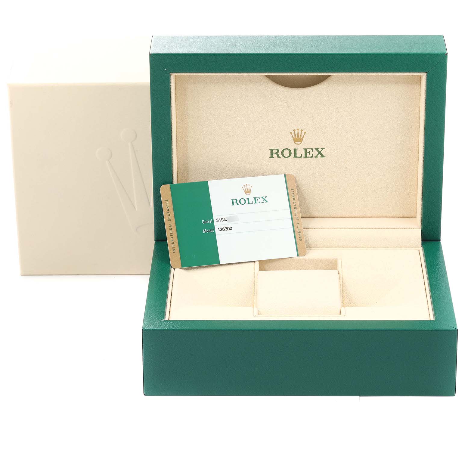 This image shows the open box and warranty card of the Rolex Datejust 41 126300 Men
s Stainless Steel Grey Dial 126300 Men
s Stainless Steel Grey Dial model.